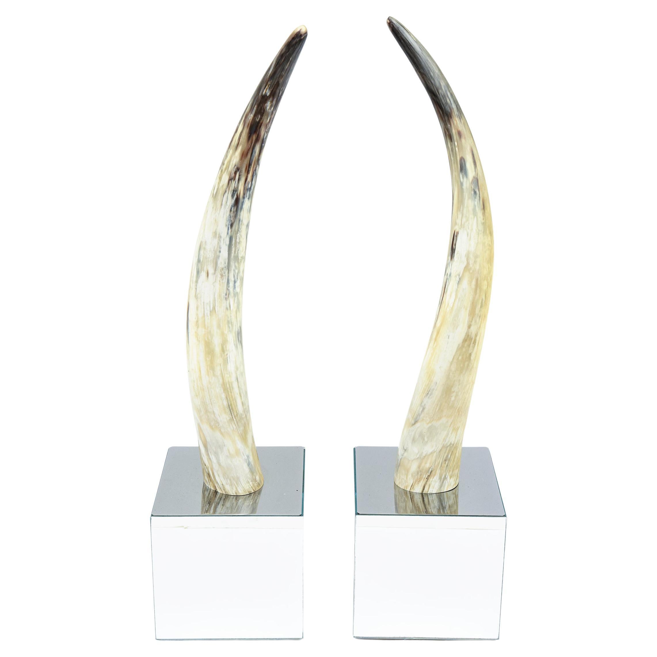 Curved Horn and Mirror Cube Sculptures Pair of