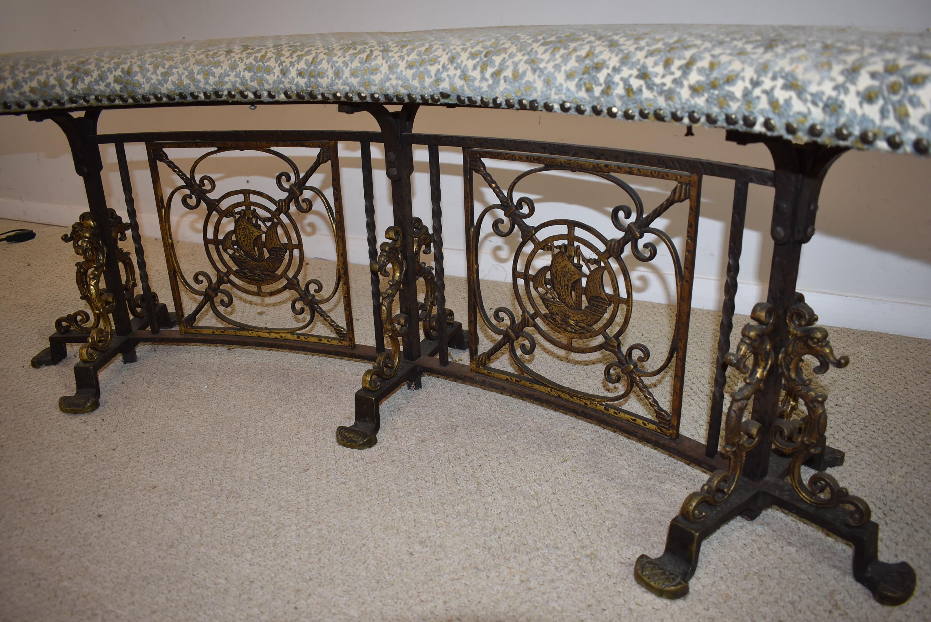 Baroque Curved Iron Upholstered Bench Attributed to Oscar Bach Ship & Seahorse Details