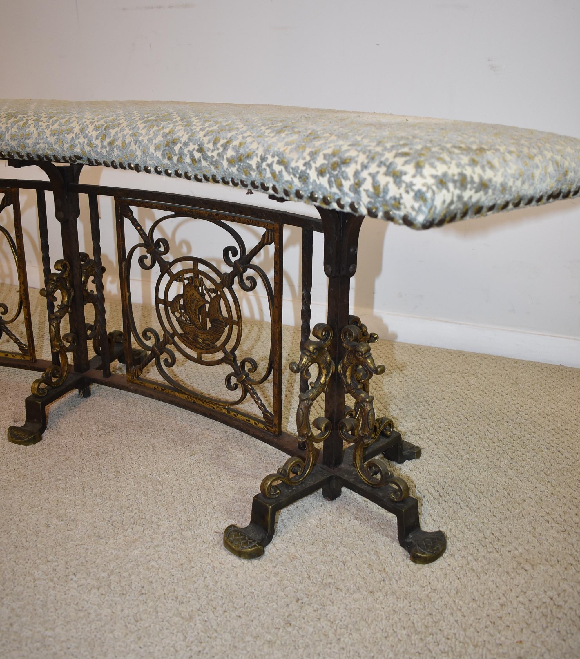 North American Curved Iron Upholstered Bench Attributed to Oscar Bach Ship & Seahorse Details