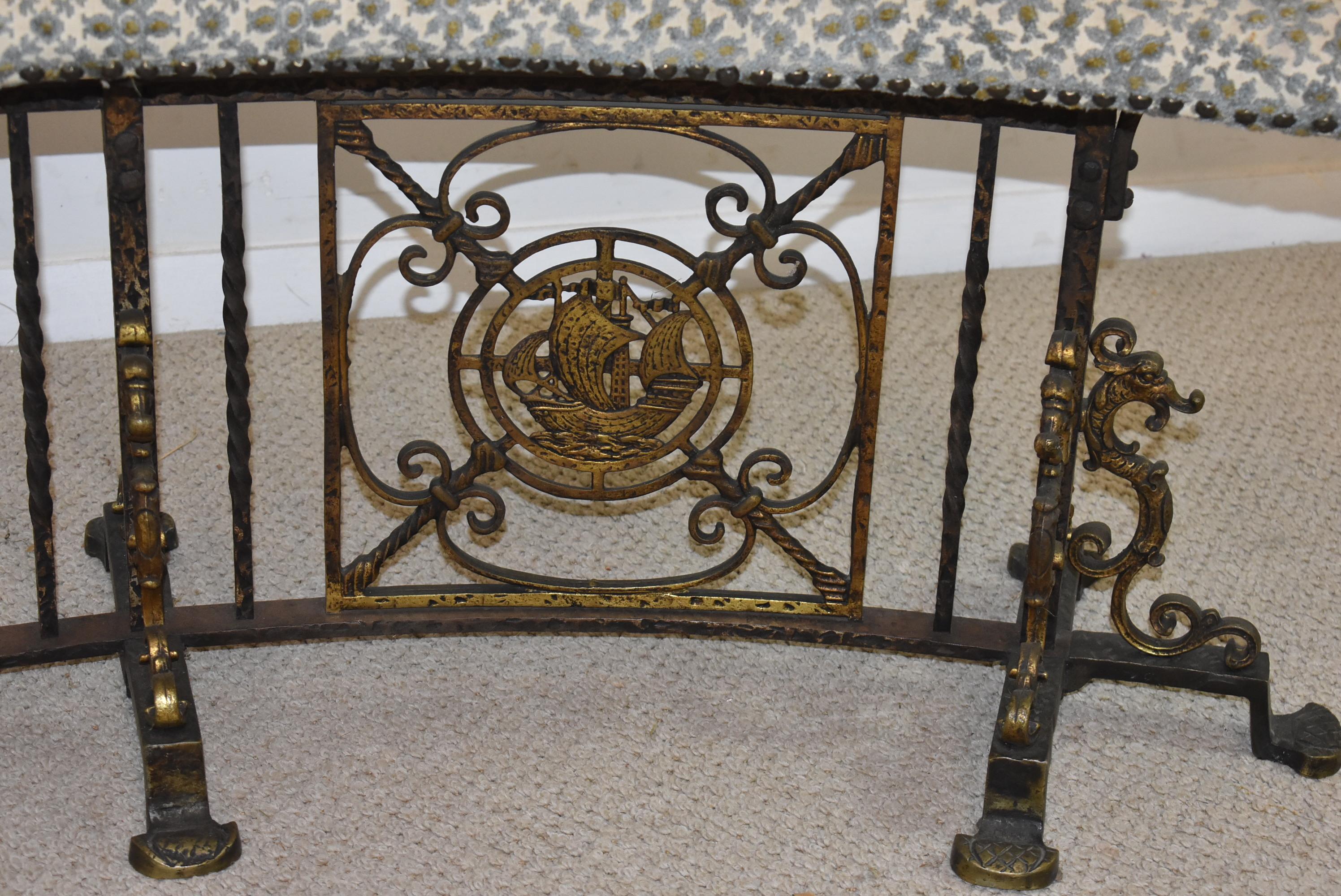 Hammered Curved Iron Upholstered Bench Attributed to Oscar Bach Ship & Seahorse Details