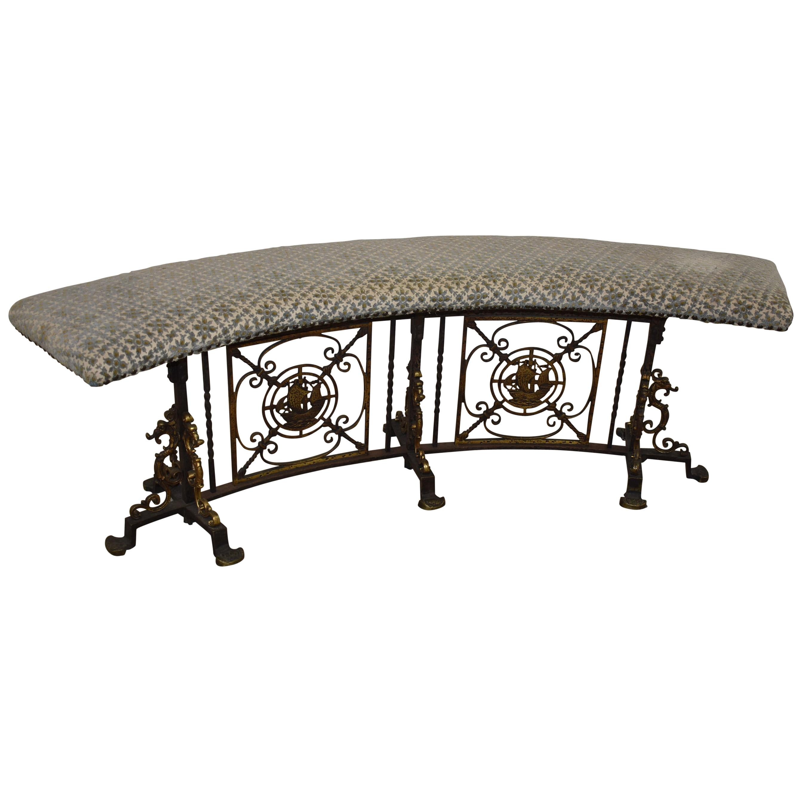 Curved Iron Upholstered Bench Attributed to Oscar Bach Ship & Seahorse Details