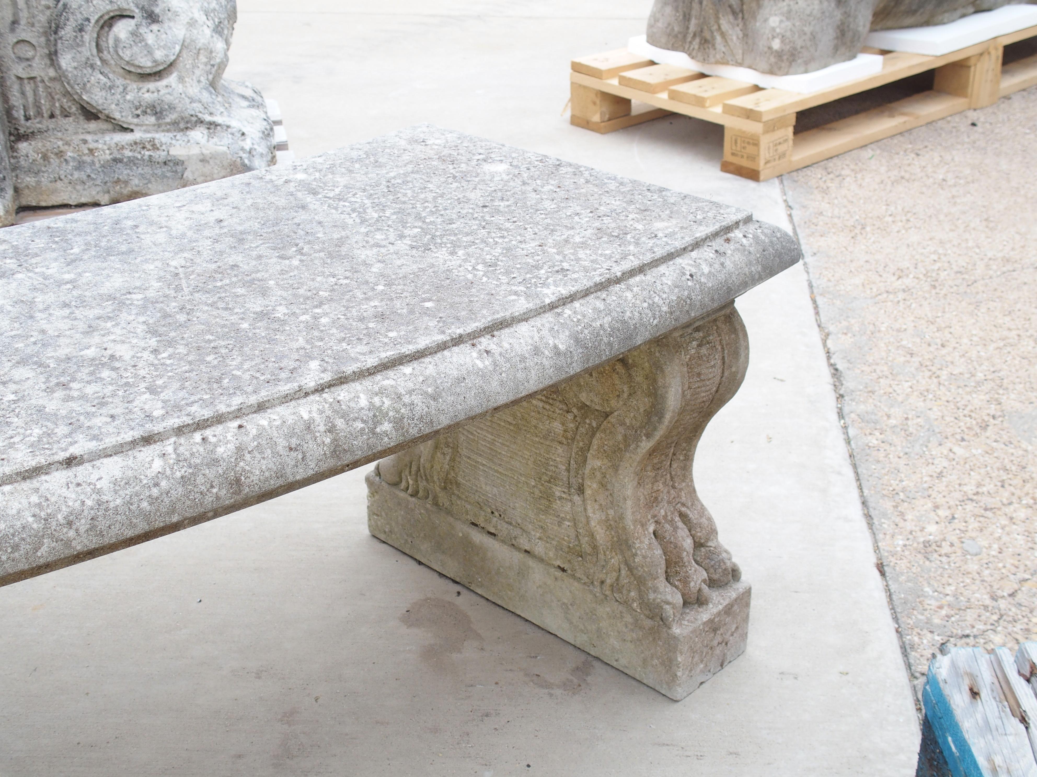 Curved Italian 3-Leg Garden Bench in Carved Limestone 6