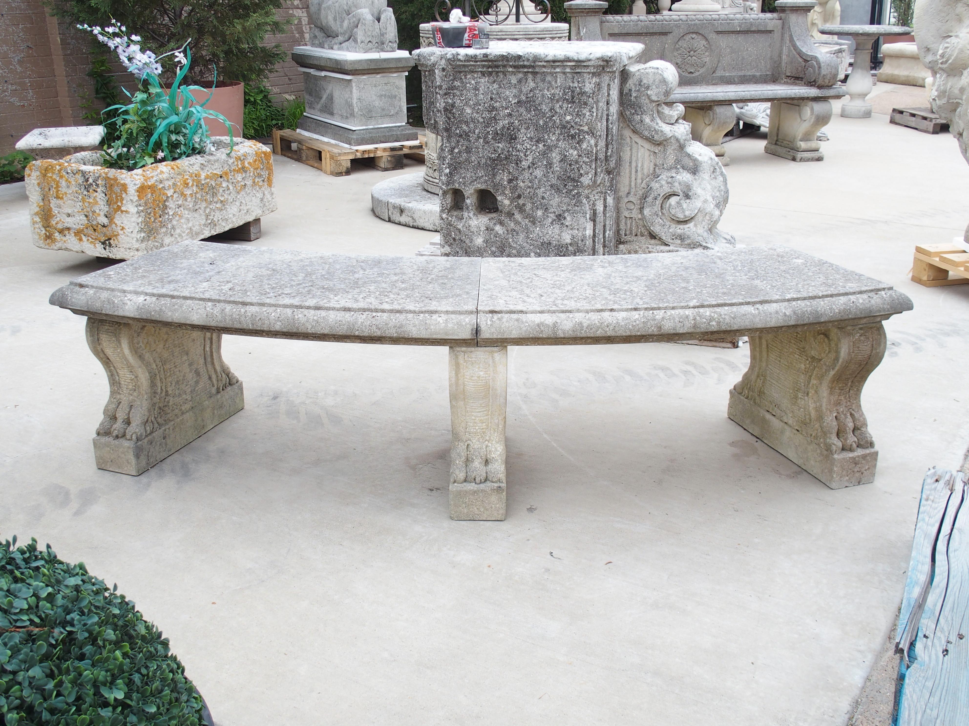 Curved Italian 3-Leg Garden Bench in Carved Limestone 8