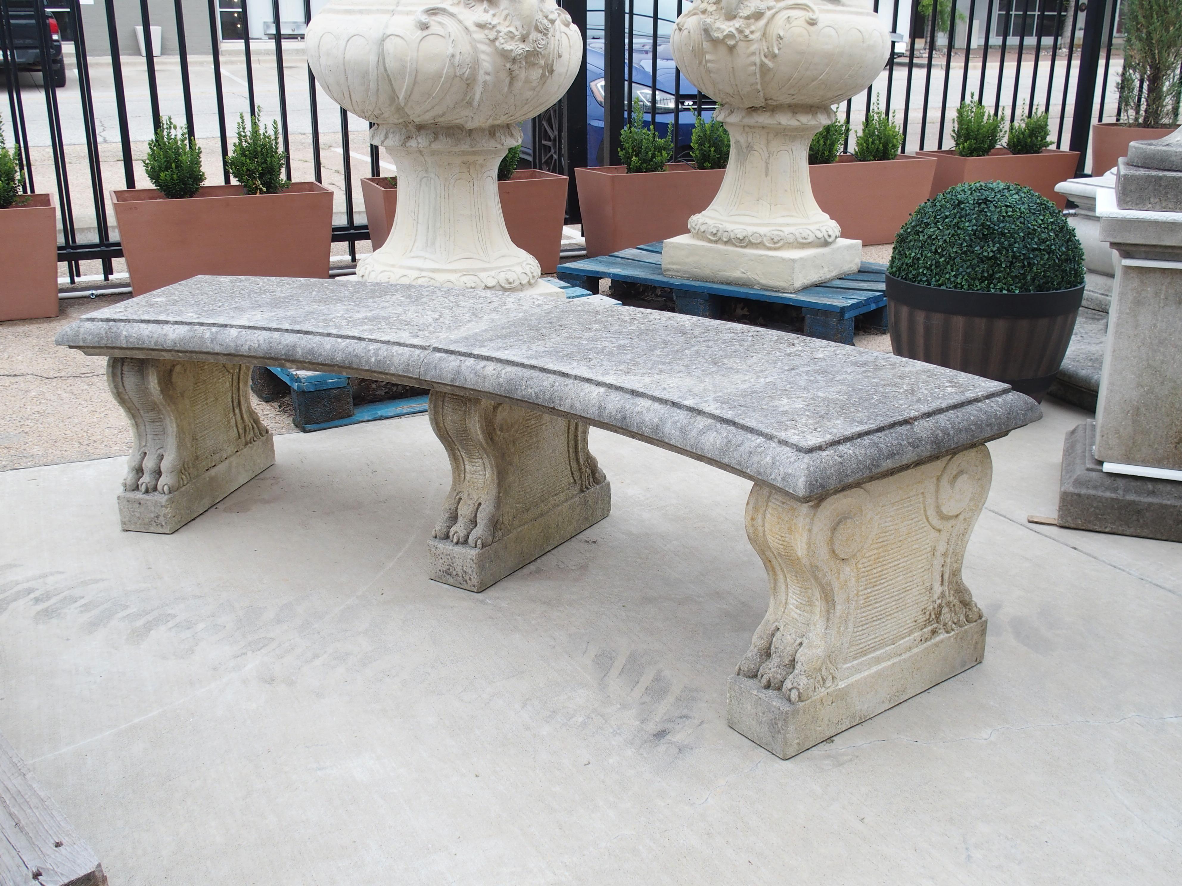 Curved Italian 3-Leg Garden Bench in Carved Limestone 10