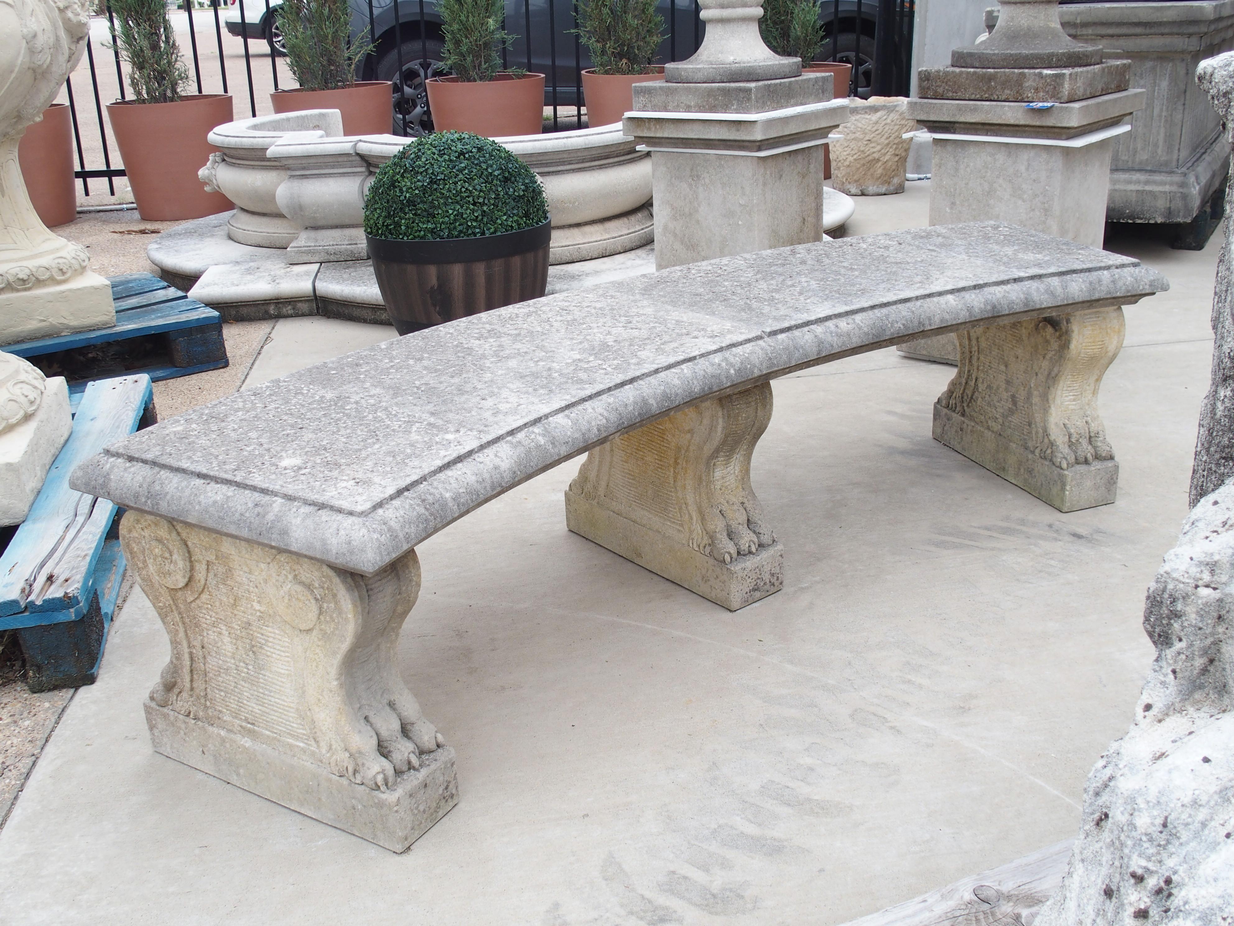 Curved Italian 3-Leg Garden Bench in Carved Limestone In Good Condition In Dallas, TX