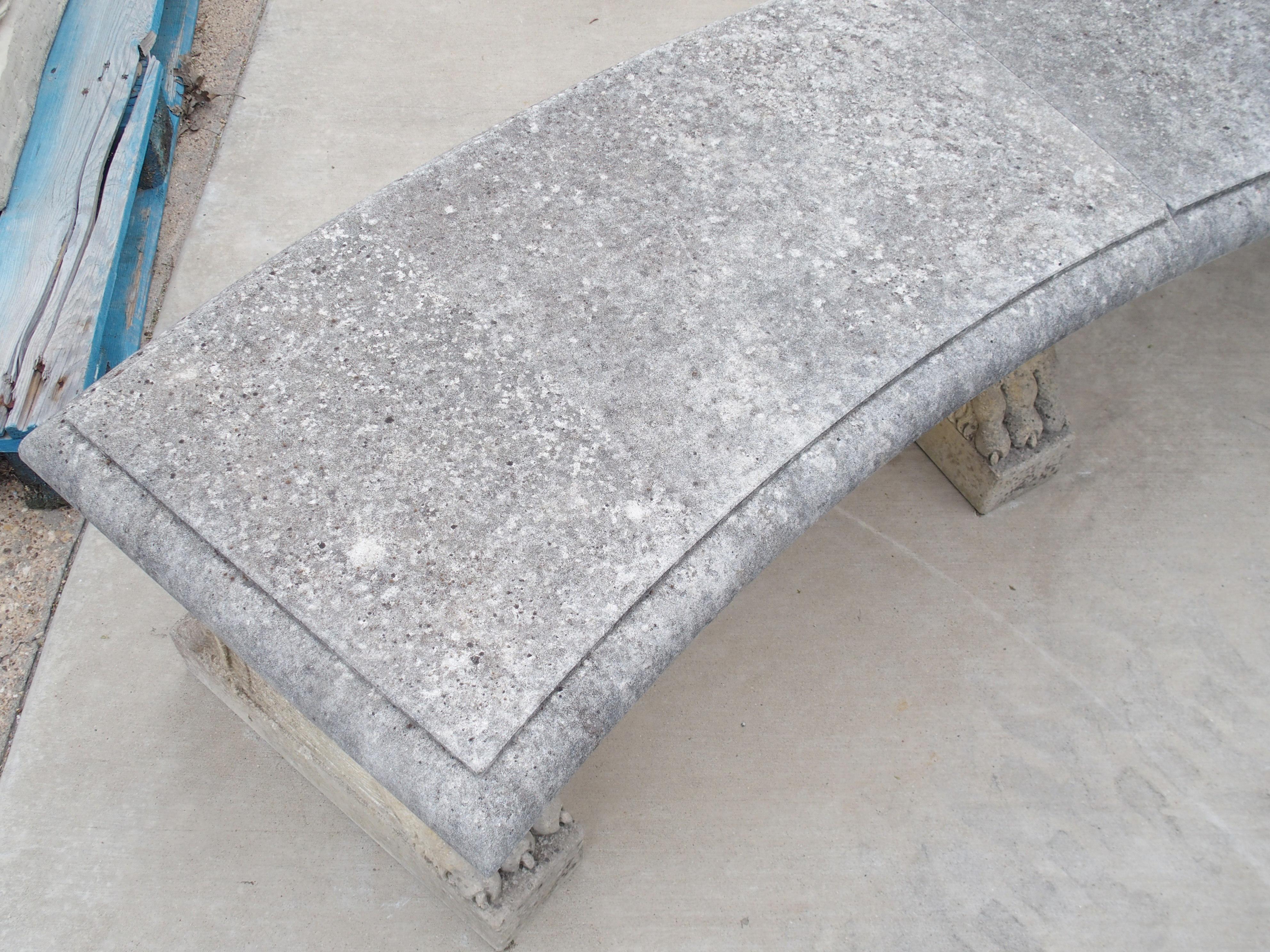 Contemporary Curved Italian 3-Leg Garden Bench in Carved Limestone