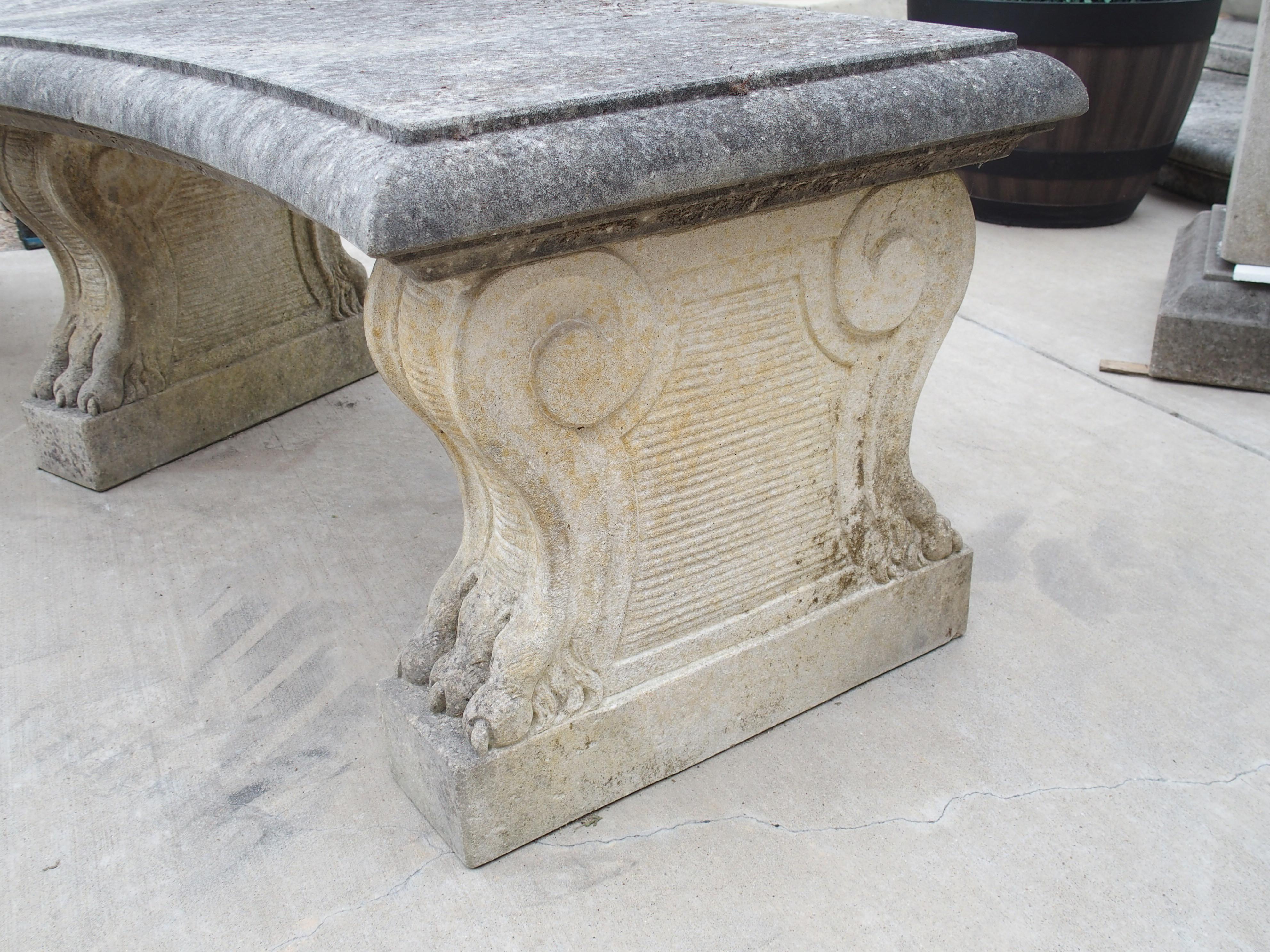 Curved Italian 3-Leg Garden Bench in Carved Limestone 2