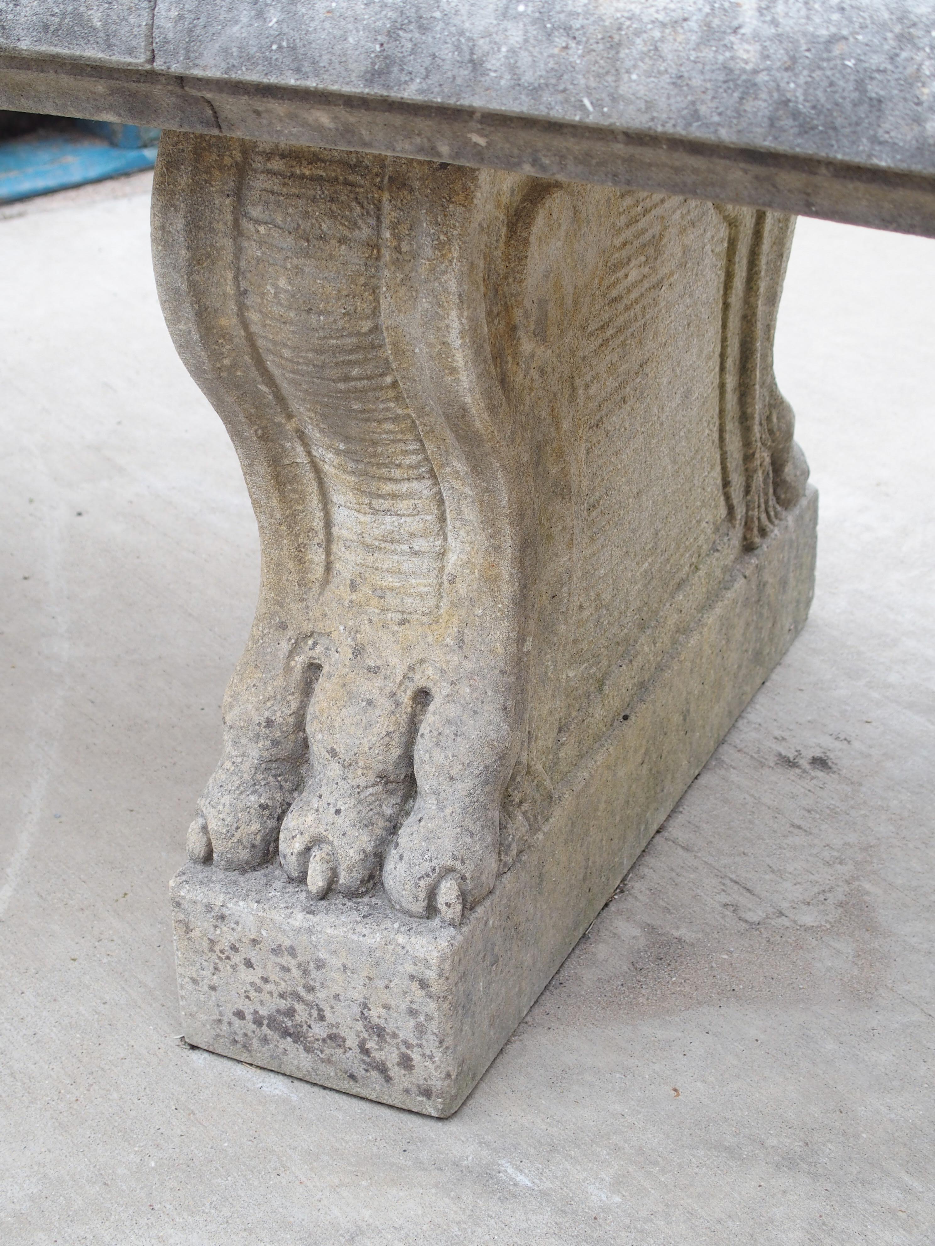 Curved Italian 3-Leg Garden Bench in Carved Limestone 4