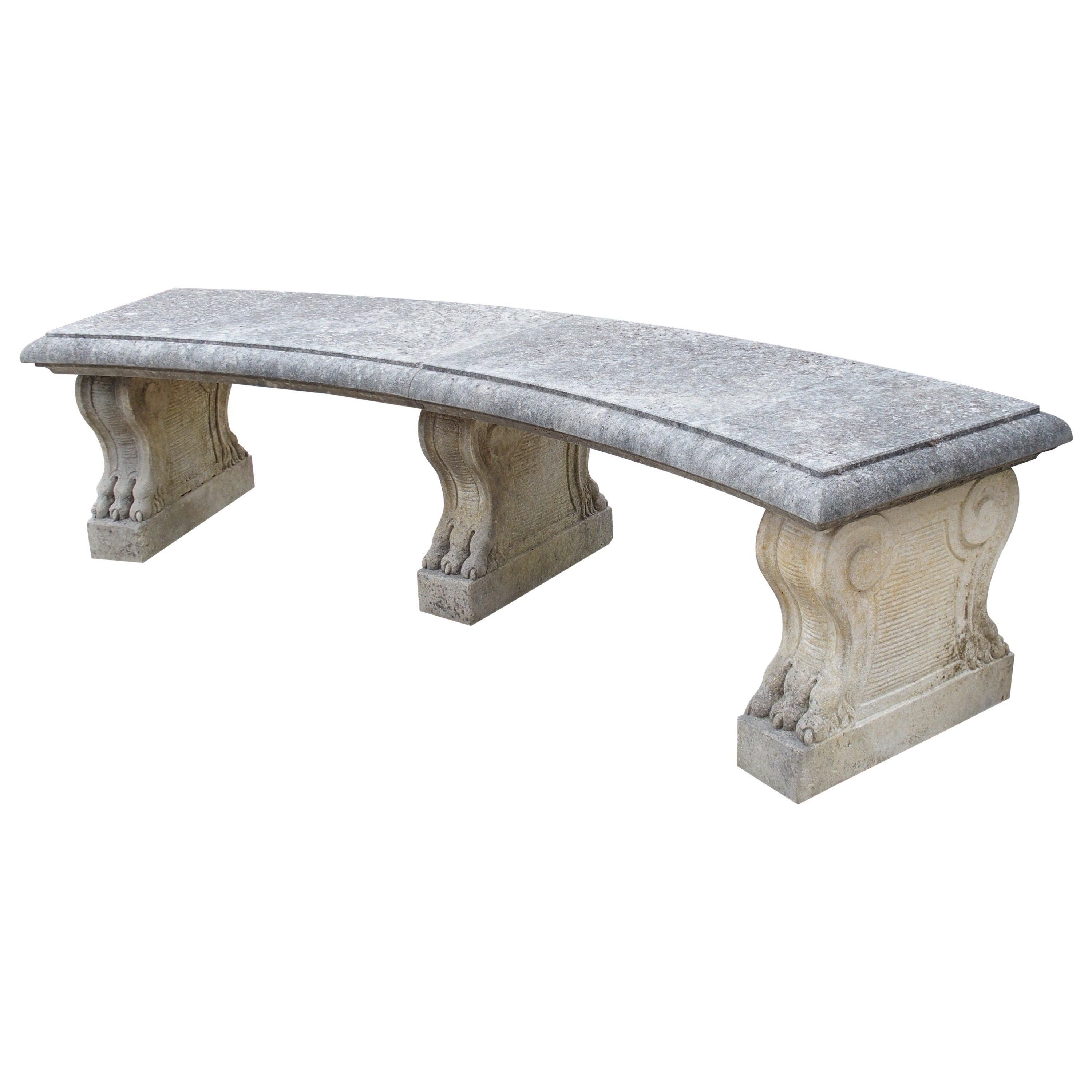 Curved Italian 3-Leg Garden Bench in Carved Limestone