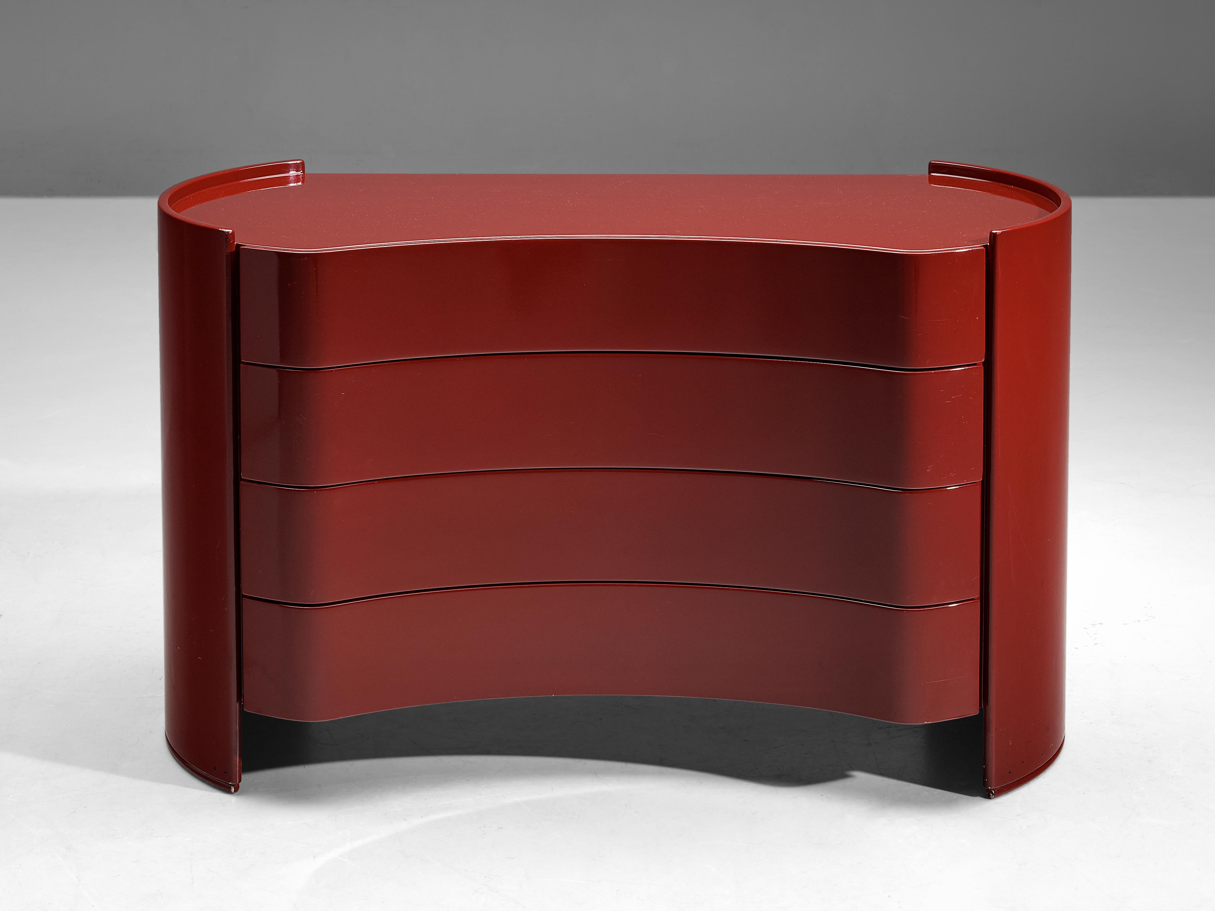 Mid-Century Modern Curved Italian 'Aiace' Chest of Drawers in Red Lacquered Wood by Benatti