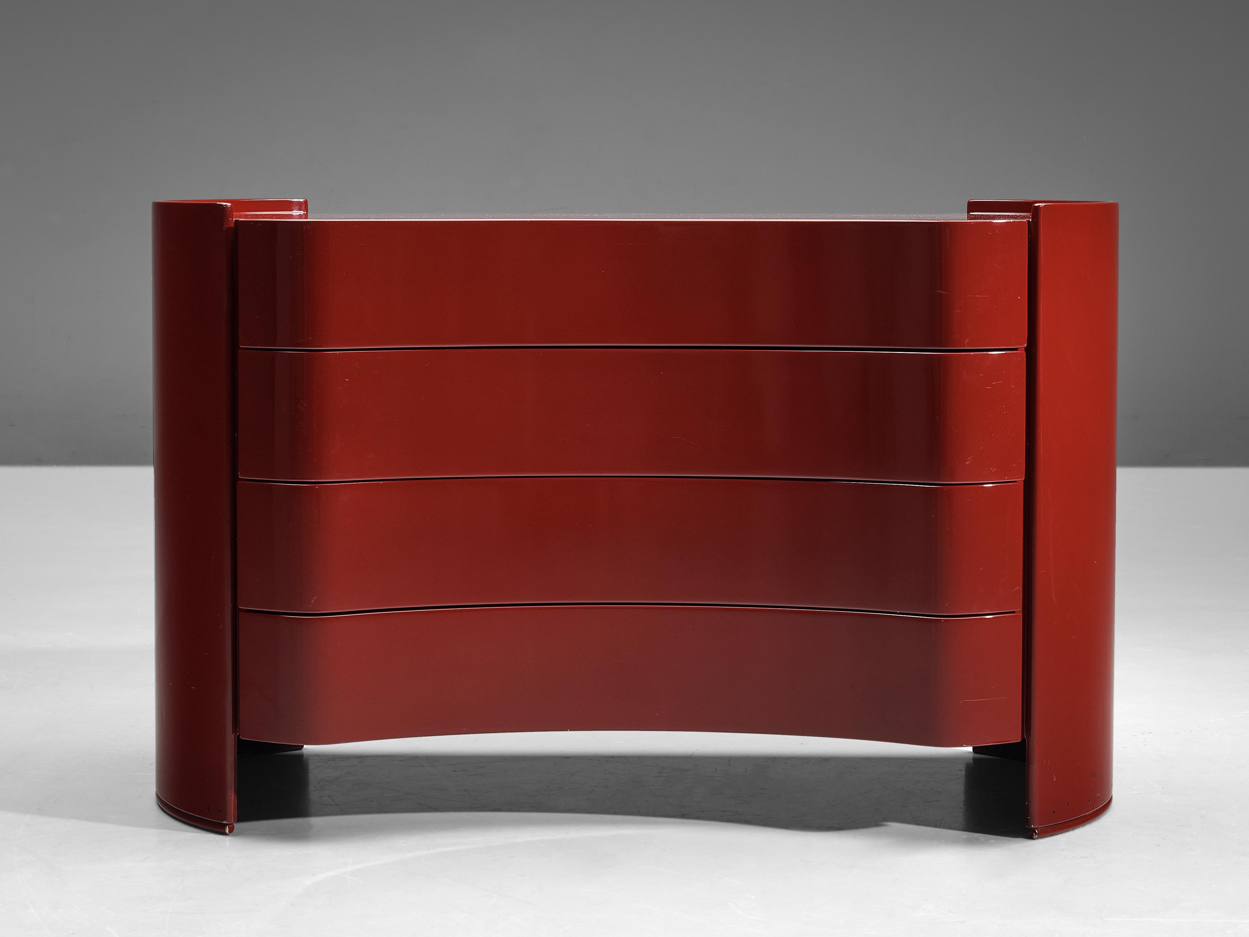 Mid-20th Century Curved Italian 'Aiace' Chest of Drawers in Red Lacquered Wood by Benatti