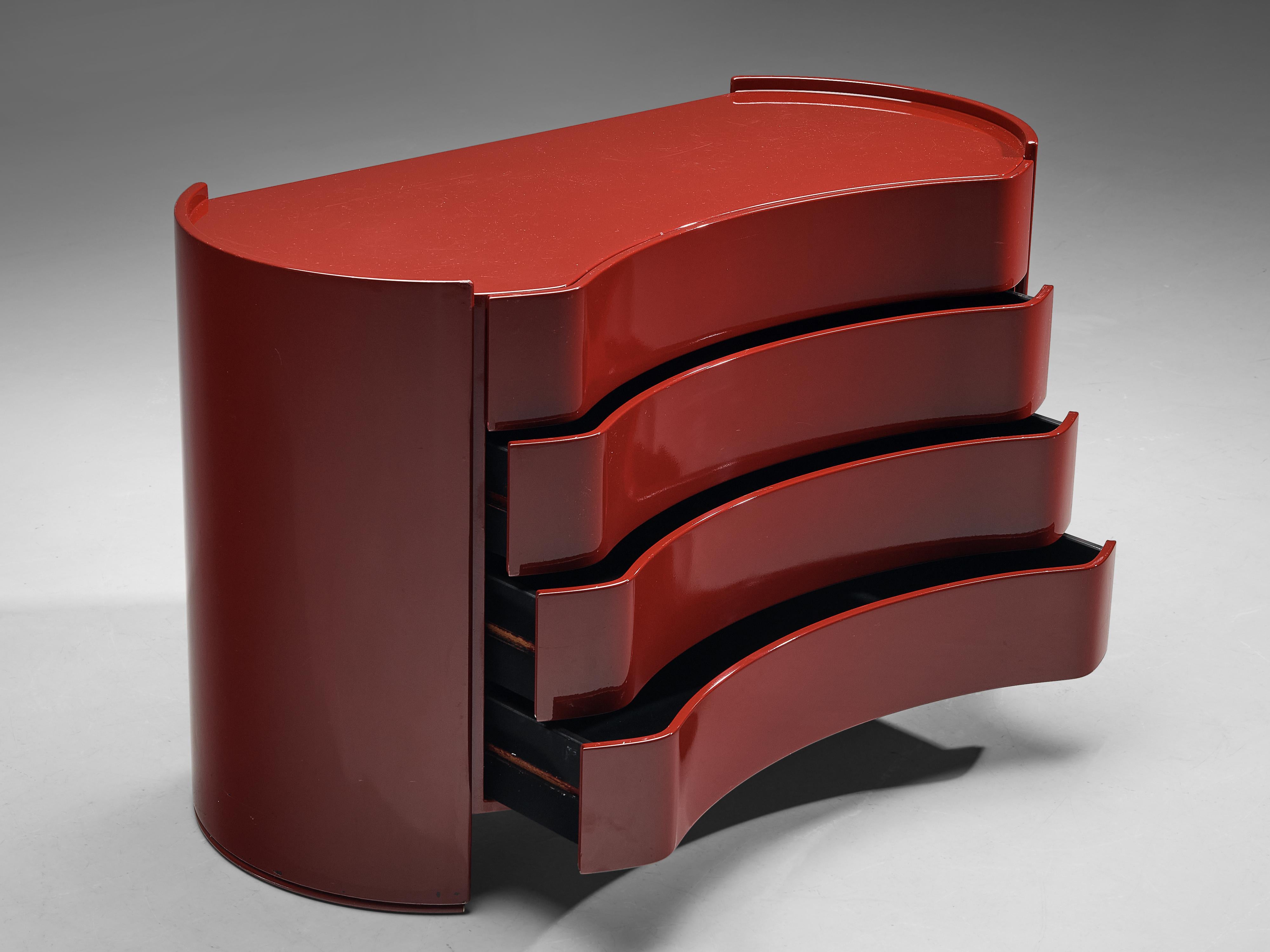 Curved Italian 'Aiace' Chest of Drawers in Red Lacquered Wood by Benatti 1