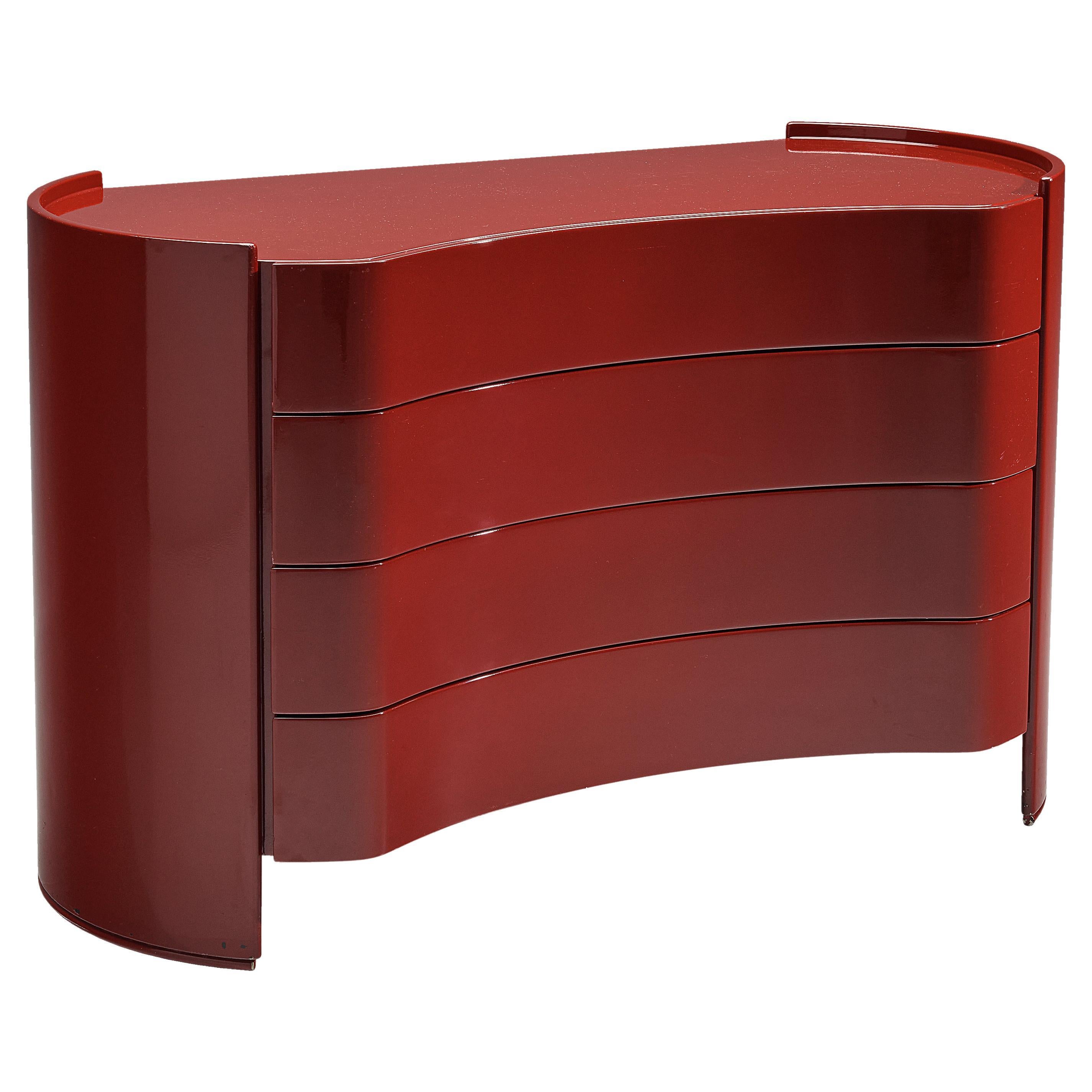 Curved Italian Chest of Drawers in Red Lacquered Wood by Benatti