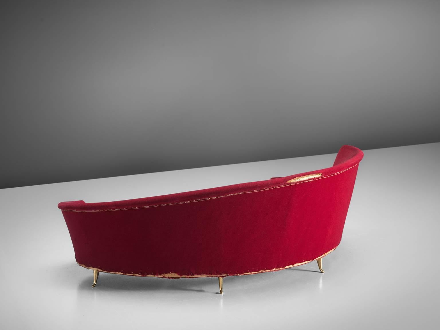 Mid-Century Modern Curved Italian High Back Sofa with Brass