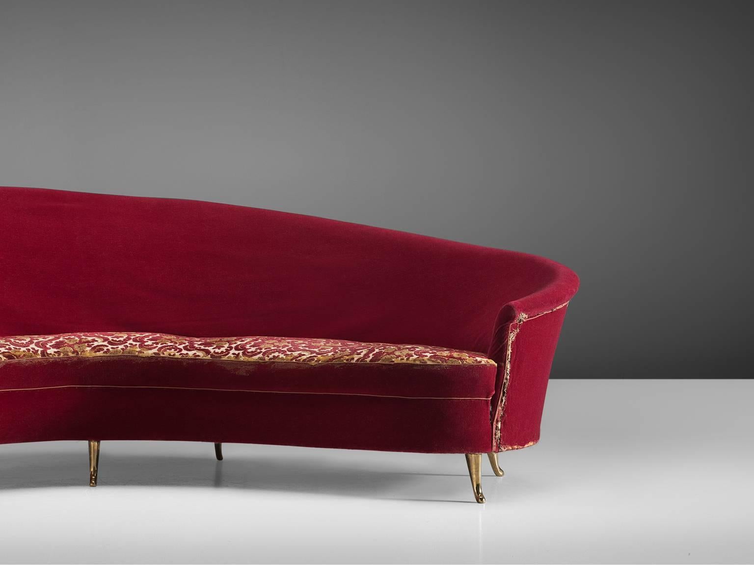 Mid-20th Century Curved Italian High Back Sofa with Brass