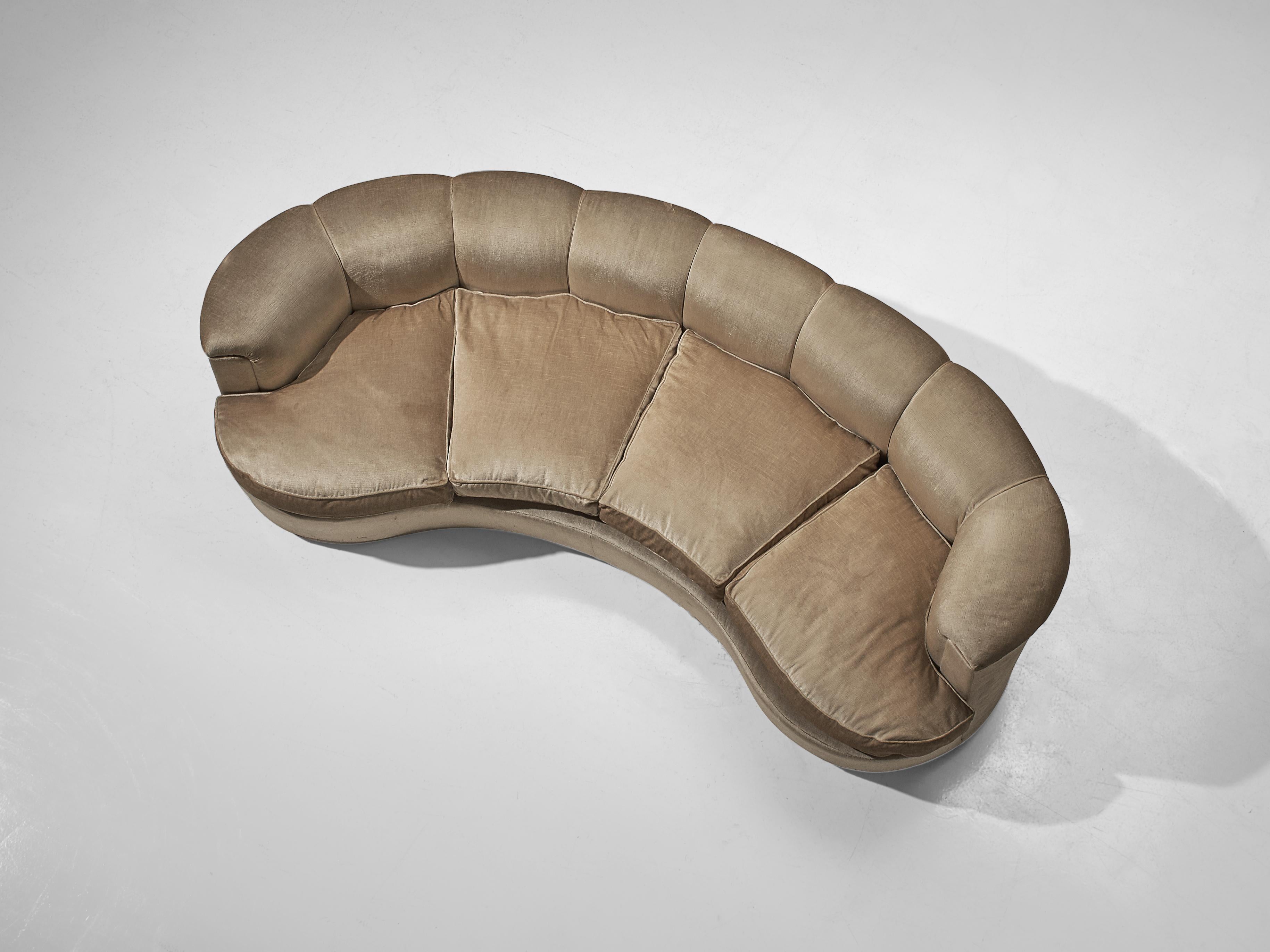 Mid-Century Modern Curved Italian Sofa in Bright Velvet Upholstery
