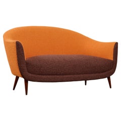 Curved ITSO Federico Munari Settee in Wood with Orange Upholstery, Italy 1950s 