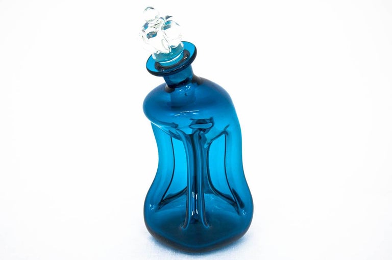 Curved "Kluk Kluk" Decanter Blue, Holmegaard, Denmark, 1970s at 1stDibs