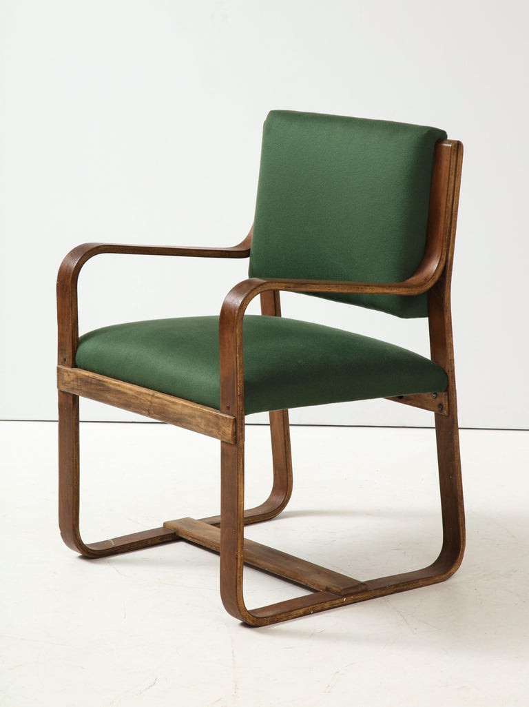 Curved Laminated Wood Armchair in Green Cashmere by Giuseppe Pagano, c. 1940s For Sale 4