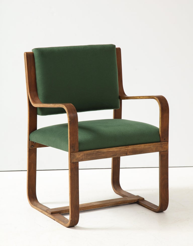 Mid-Century Modern Curved Laminated Wood Armchair in Green Cashmere by Giuseppe Pagano, c. 1940s For Sale