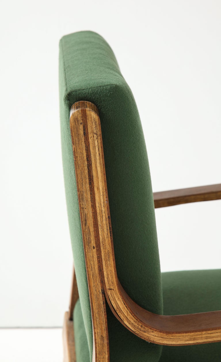 Mid-20th Century Curved Laminated Wood Armchair in Green Cashmere by Giuseppe Pagano, c. 1940s For Sale