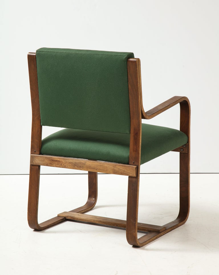 Fabric Curved Laminated Wood Armchair in Green Cashmere by Giuseppe Pagano, c. 1940s For Sale