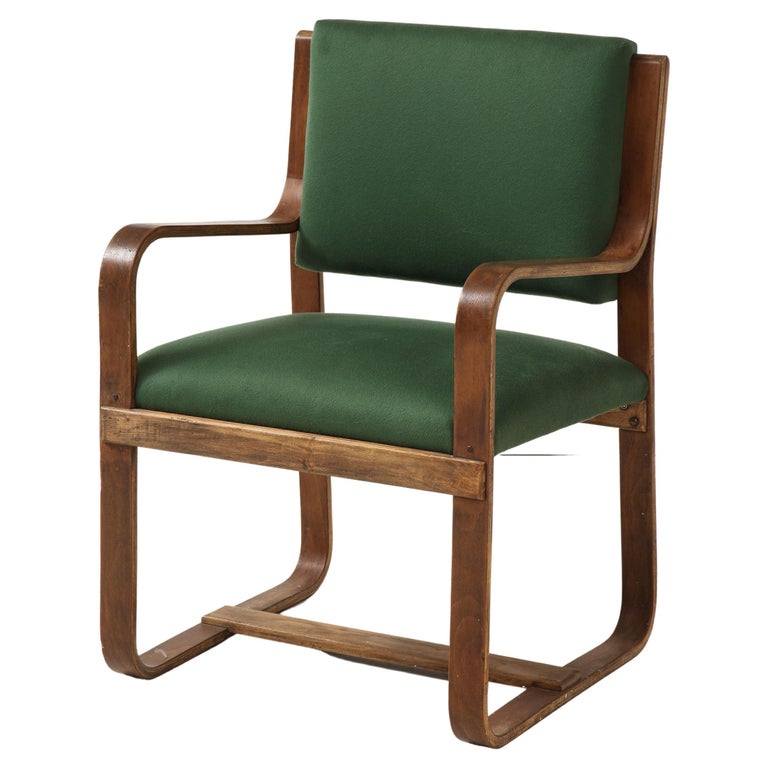 Curved Laminated Wood Armchair in Green Cashmere by Giuseppe Pagano, c. 1940s For Sale