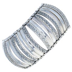 Curved Link Bracelet, Sterling Silver Etched Peacocks