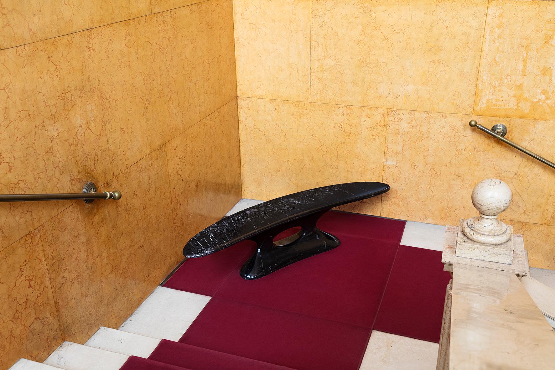 Carved Holy - Curved Marble Italian Sculptural Bench, Nero Marquina.  For Sale