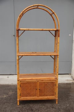 Curved Midcentury Bookcase with Shelves and Doors in Bamboo Italian Design