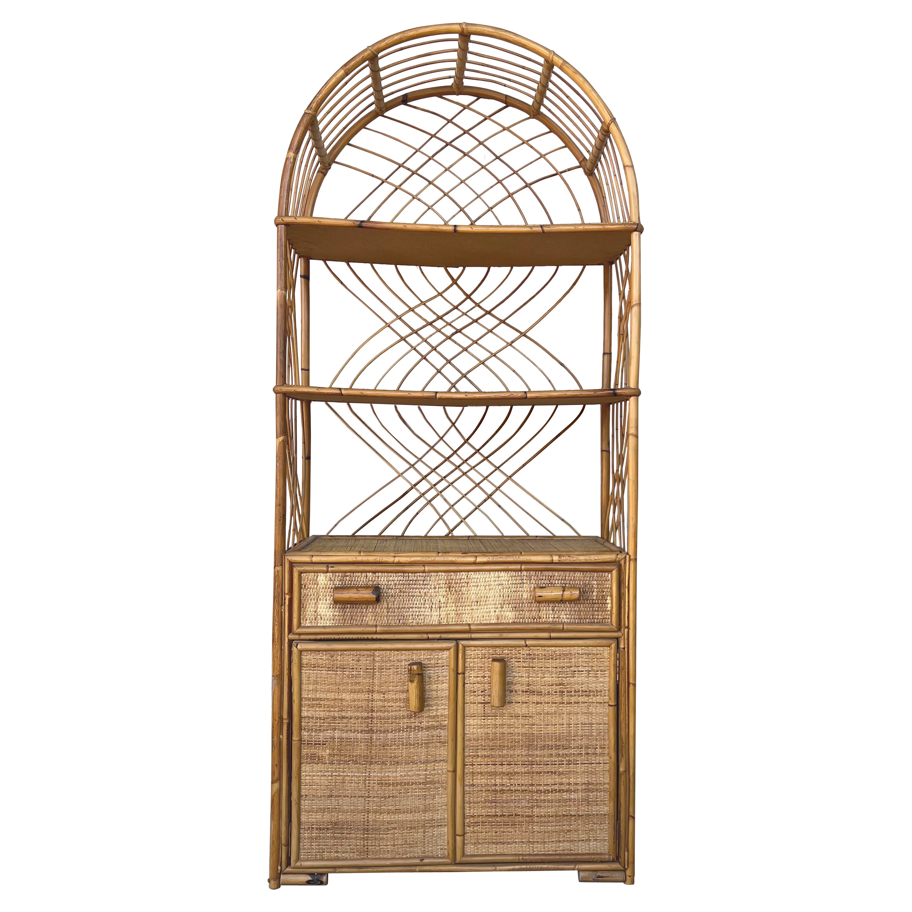 Curved Mid-Century Bookcase with Shelves and Doors in Bamboo Italian Design