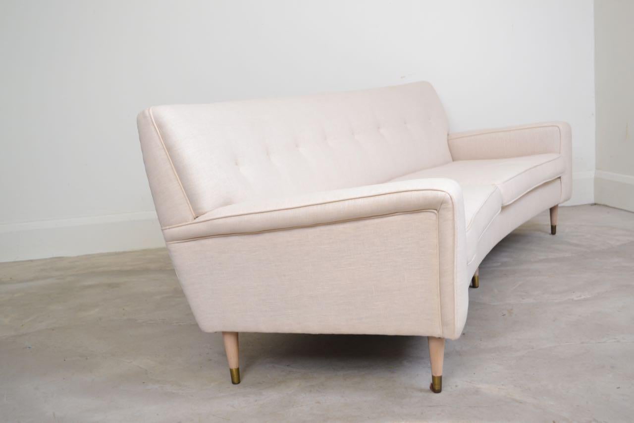 Mid-20th Century Curved Midcentury Sofa Upholstered in Natural Linen For Sale