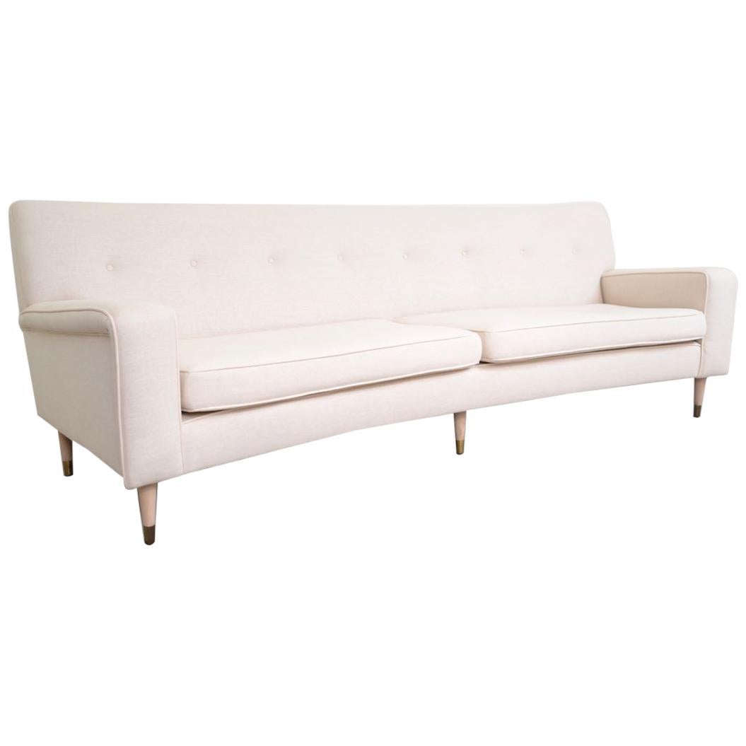 Curved Midcentury Sofa Upholstered in Natural Linen For Sale
