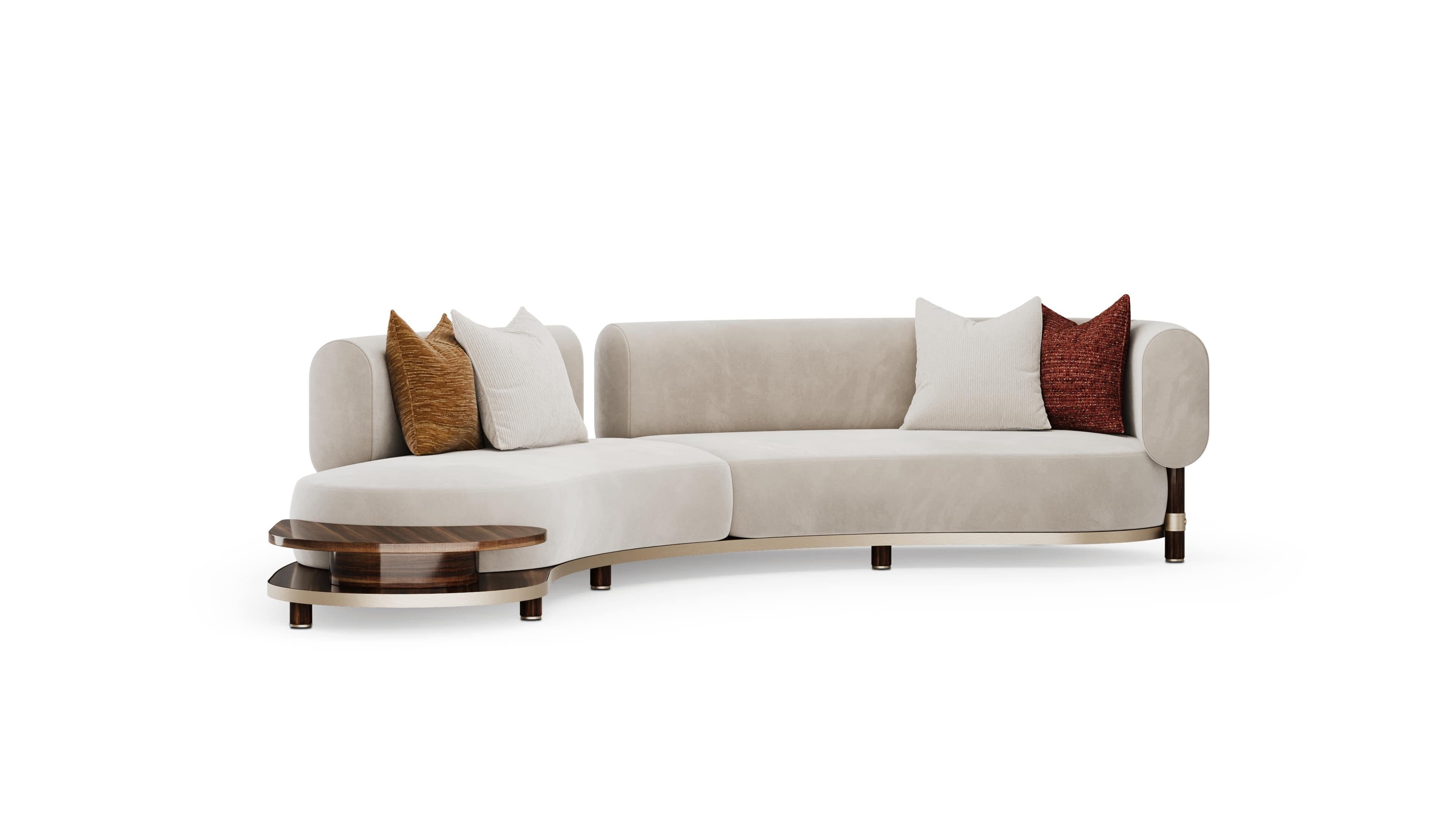 Mid-Century Modern Curved Modern Blosse Sofa in Cream Upholstery with Integrated Walnut Side Table For Sale