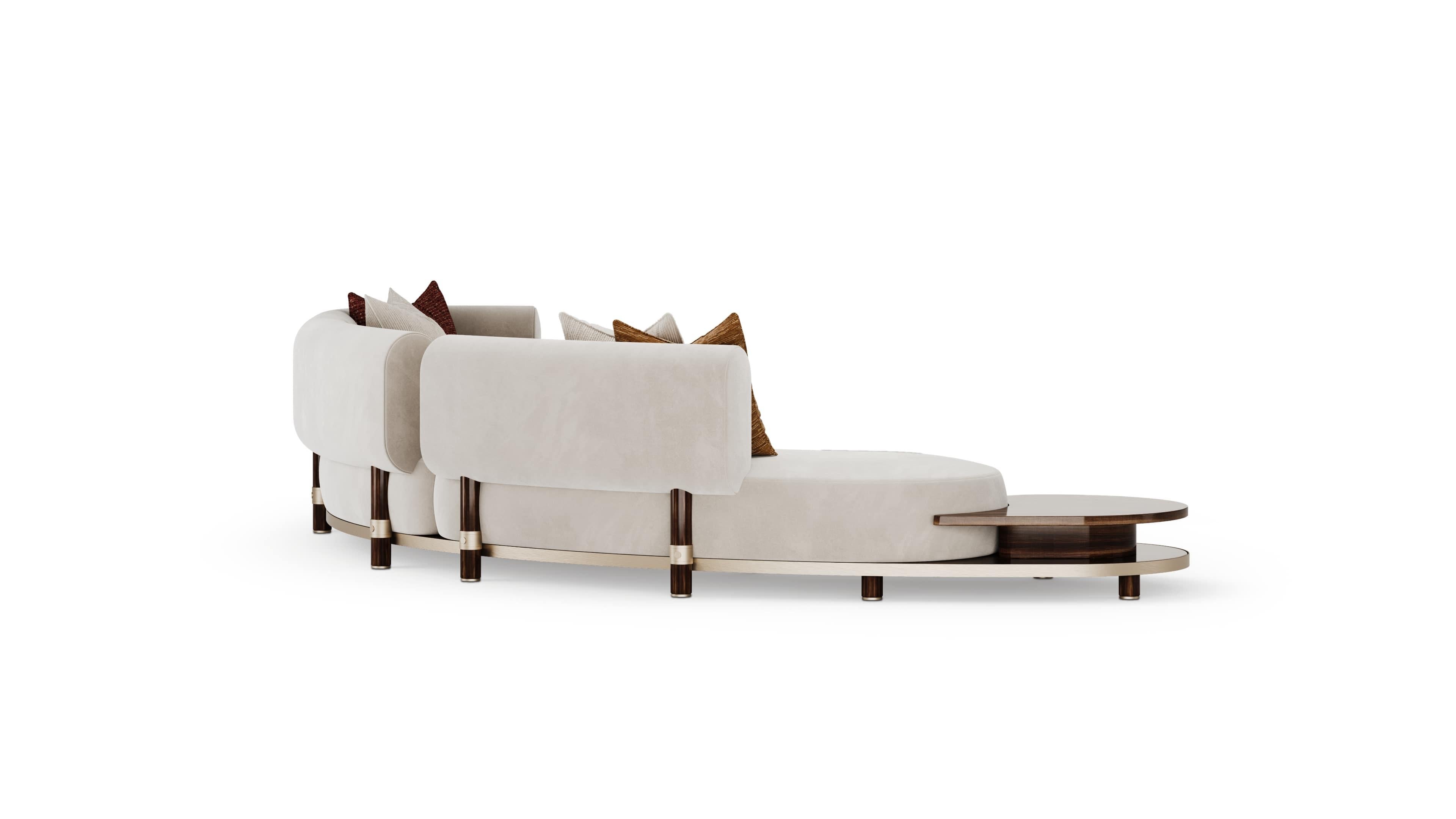 Portuguese Curved Modern Blosse Sofa in Cream Upholstery with Integrated Walnut Side Table For Sale