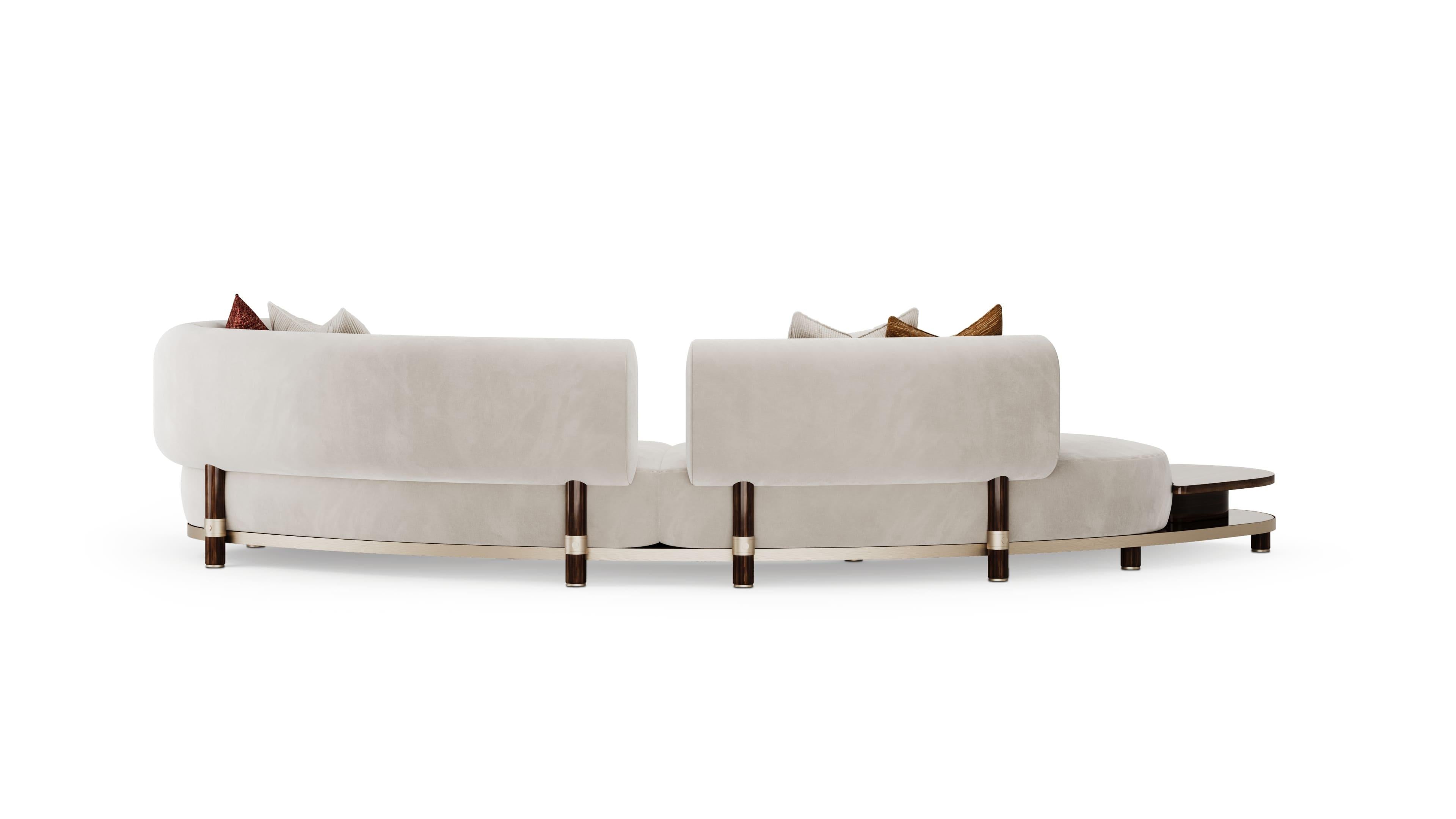 Brushed Curved Modern Blosse Sofa in Cream Upholstery with Integrated Walnut Side Table For Sale
