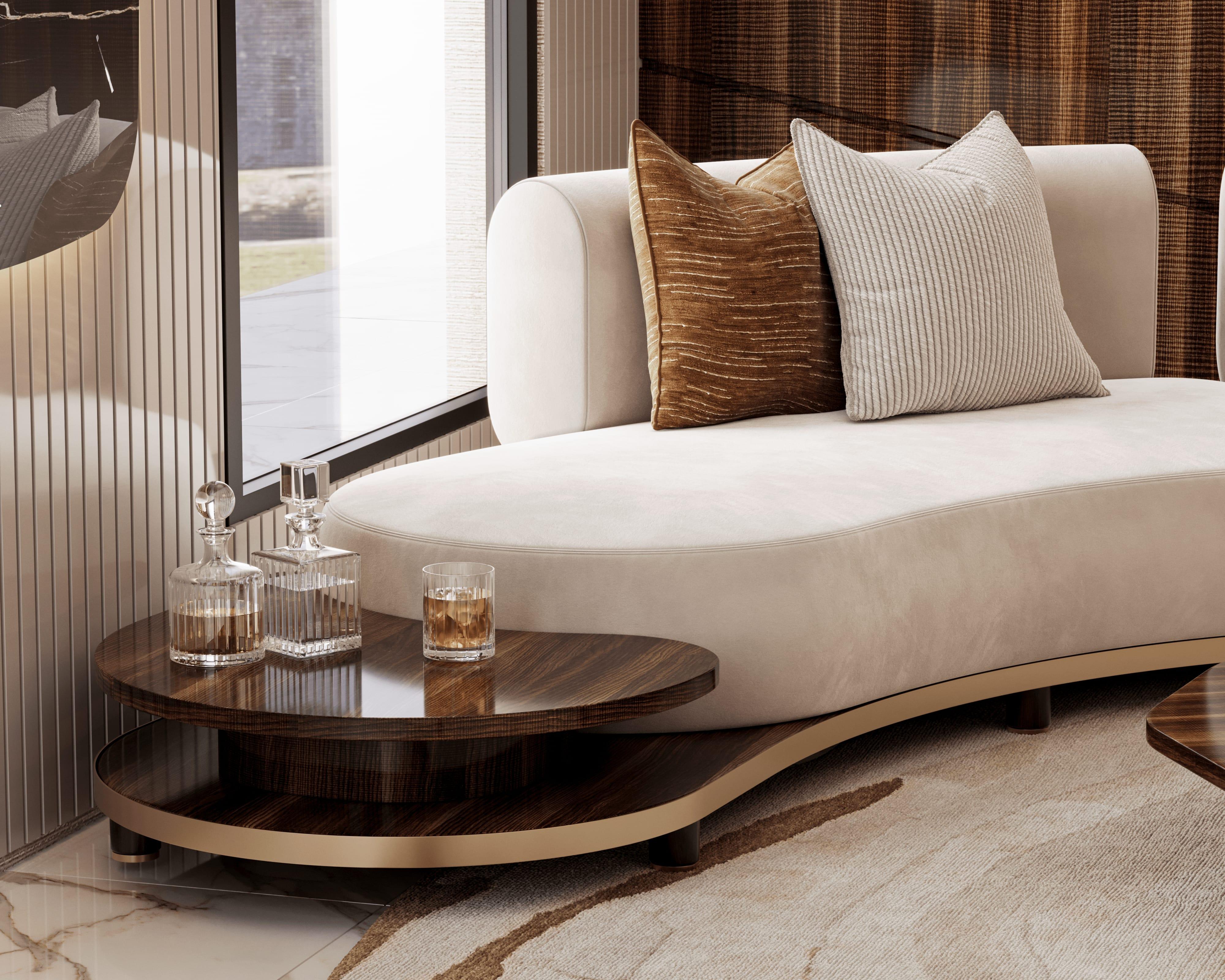 Contemporary Curved Modern Blosse Sofa in Cream Upholstery with Integrated Walnut Side Table For Sale