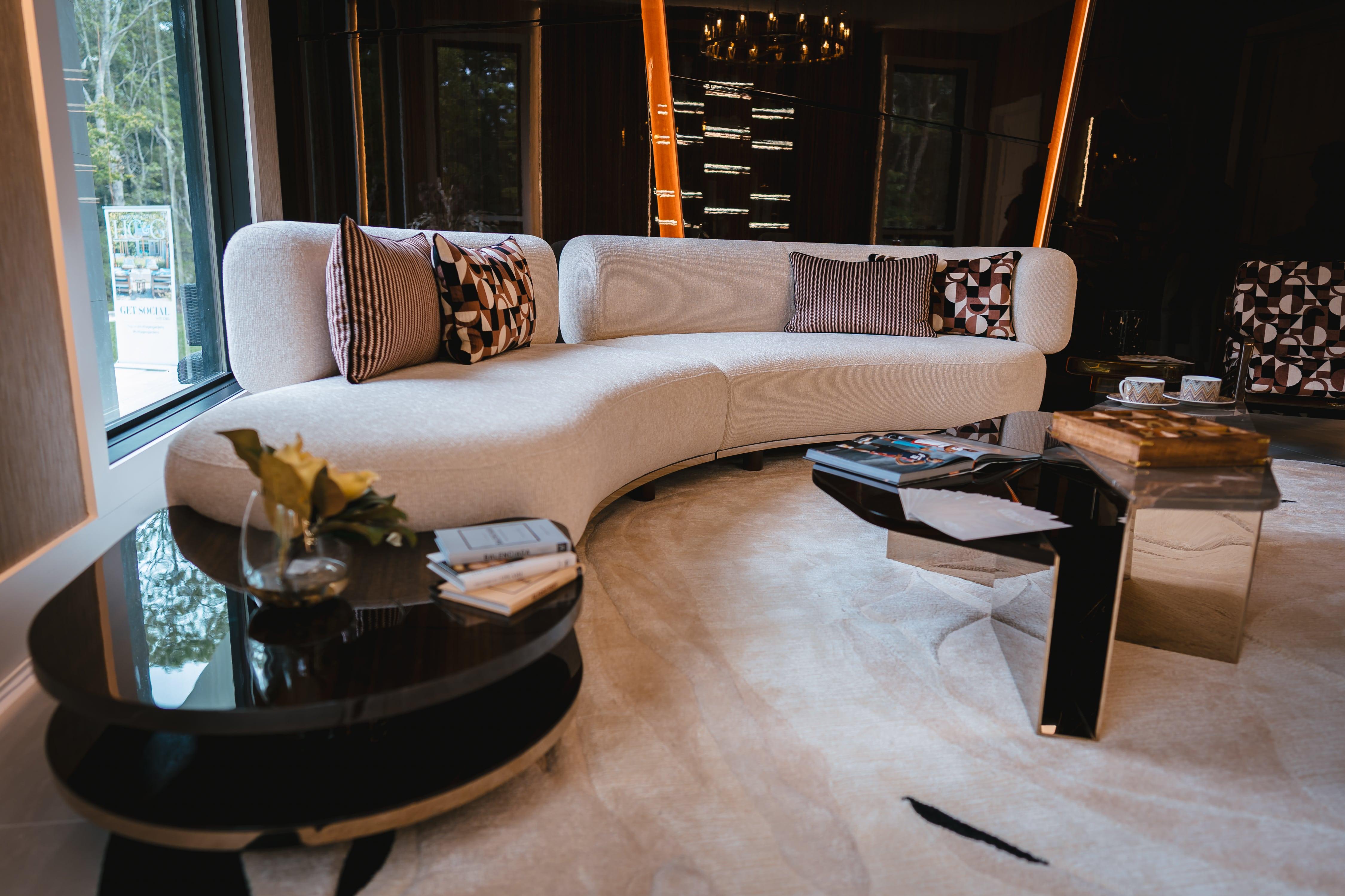 Curved Modern Blosse Sofa in Cream Upholstery with Integrated Walnut Side Table For Sale 1