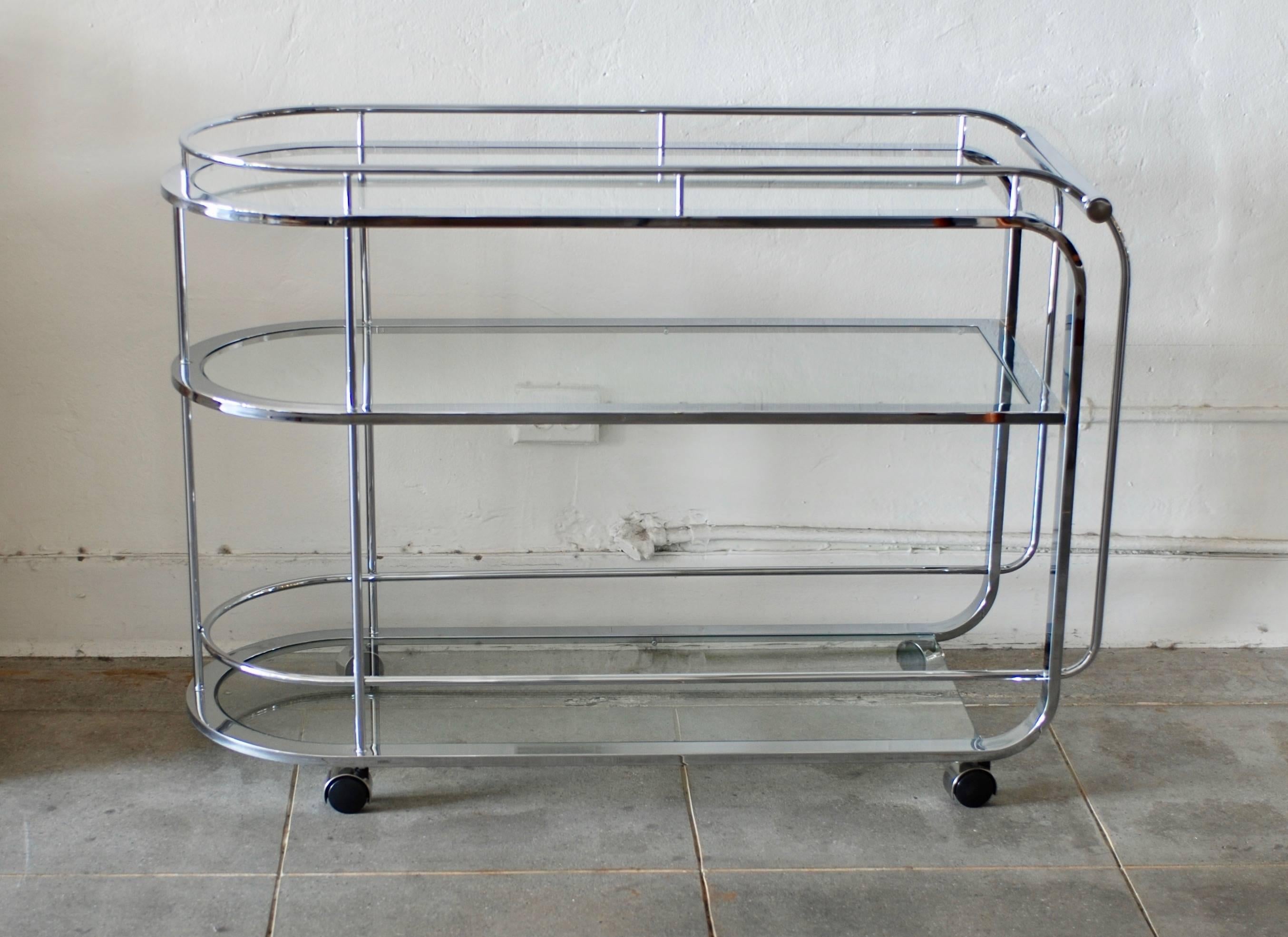 Curved Moderne Style Three-Tiered Chrome Bar Cart or Tea Trolley 6