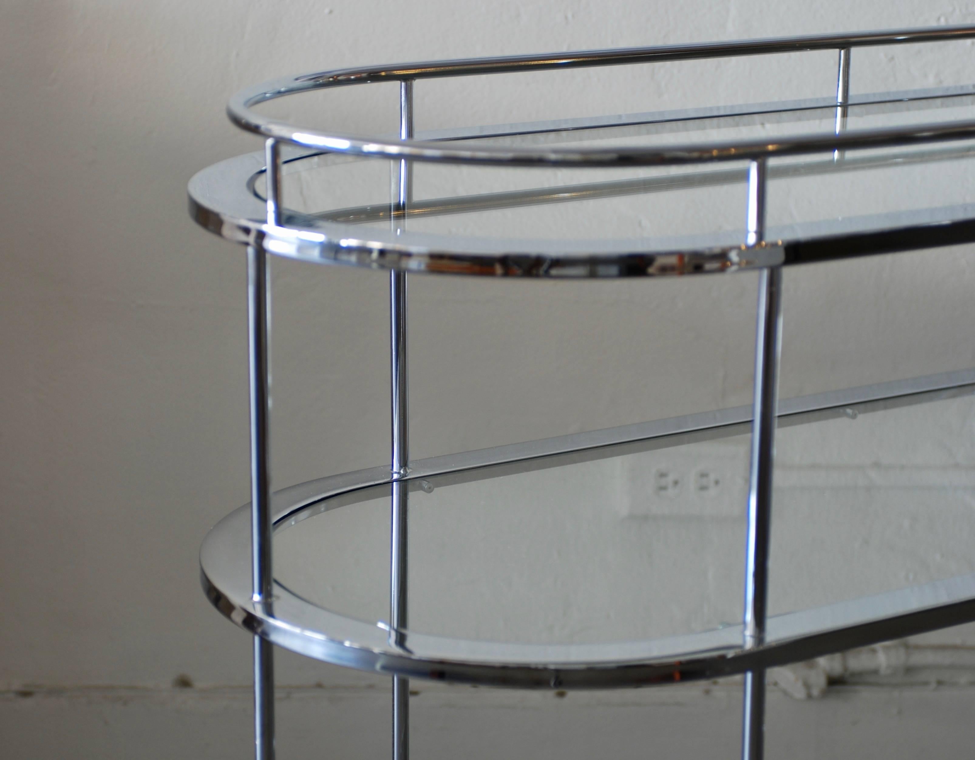 Curved Moderne Style Three-Tiered Chrome Bar Cart or Tea Trolley 8
