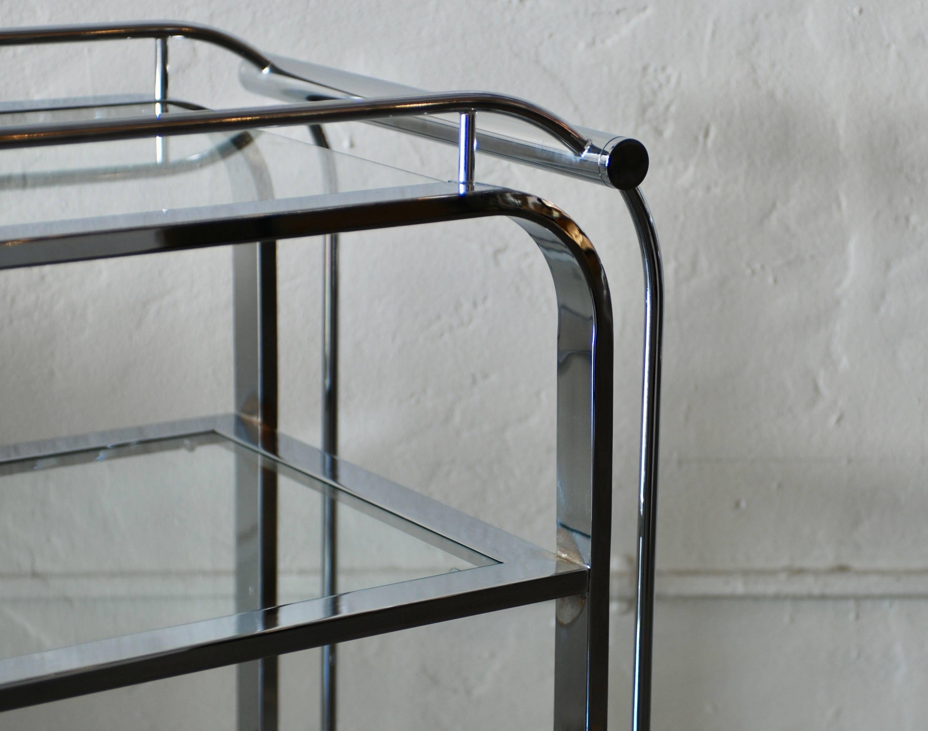 Curved Moderne Style Three-Tiered Chrome Bar Cart or Tea Trolley 9