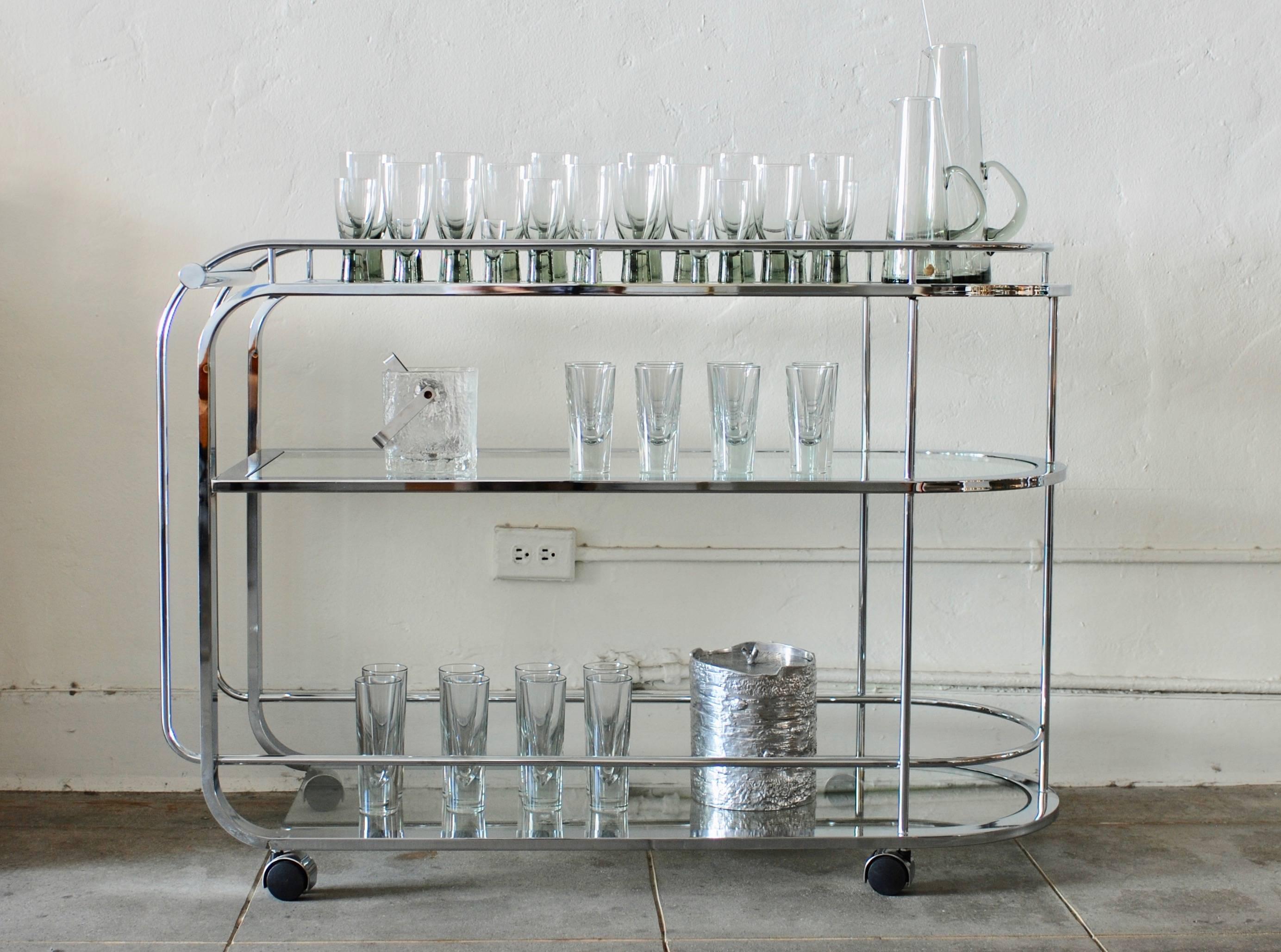Curved Moderne Style Three-Tiered Chrome Bar Cart or Tea Trolley 10