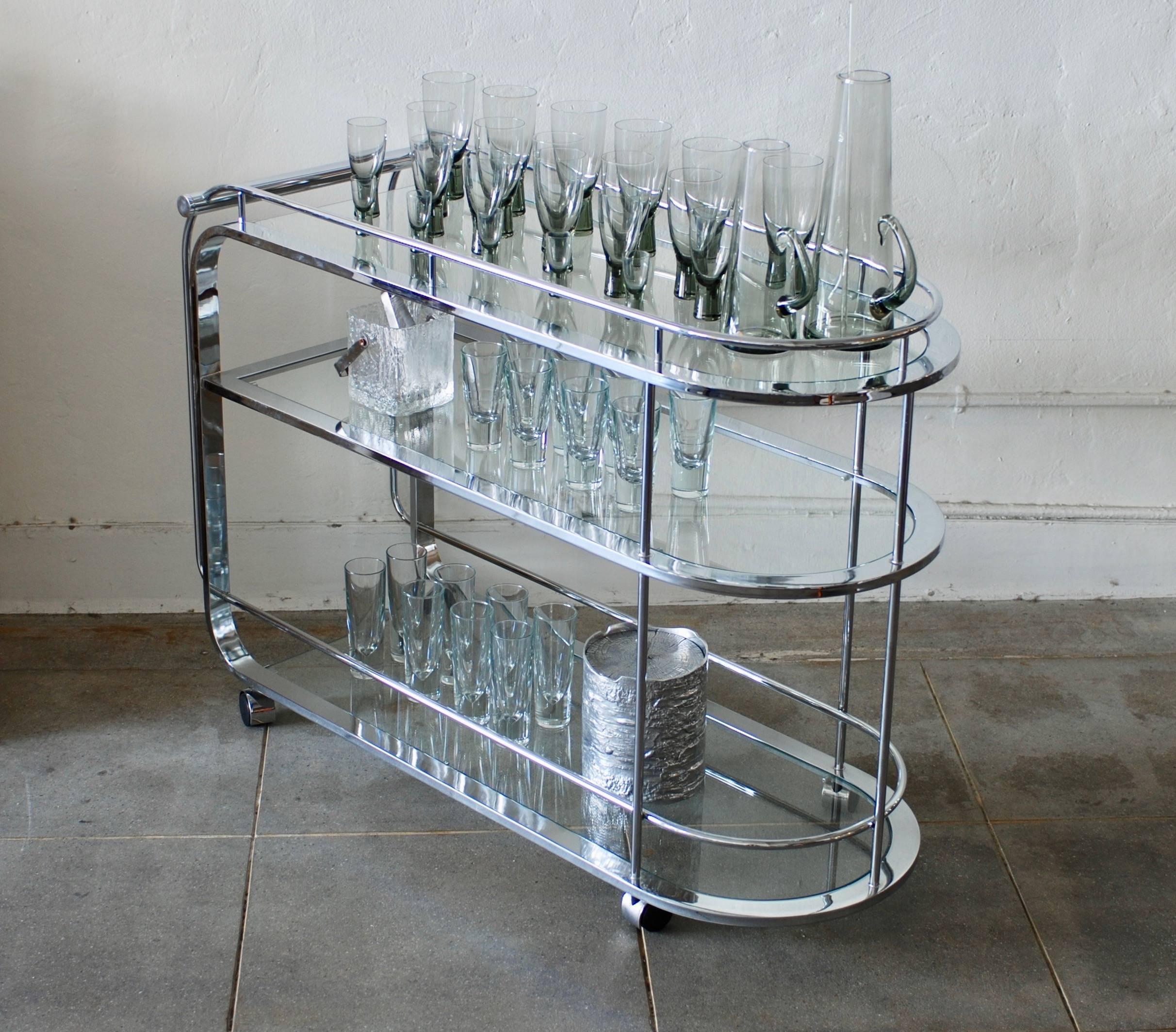 Curved Moderne Style Three-Tiered Chrome Bar Cart or Tea Trolley 11