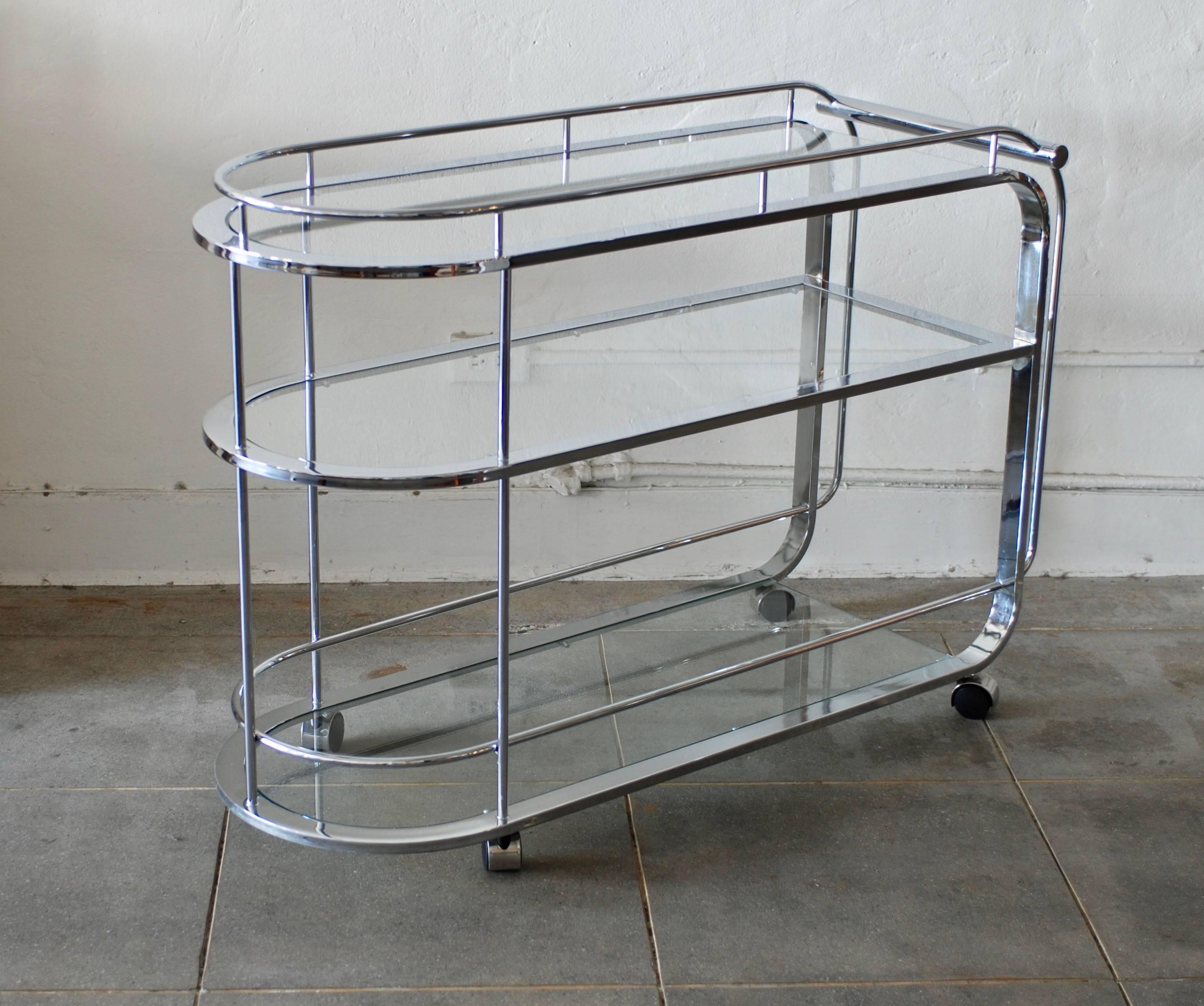 Mid-Century Modern Curved Moderne Style Three-Tiered Chrome Bar Cart or Tea Trolley