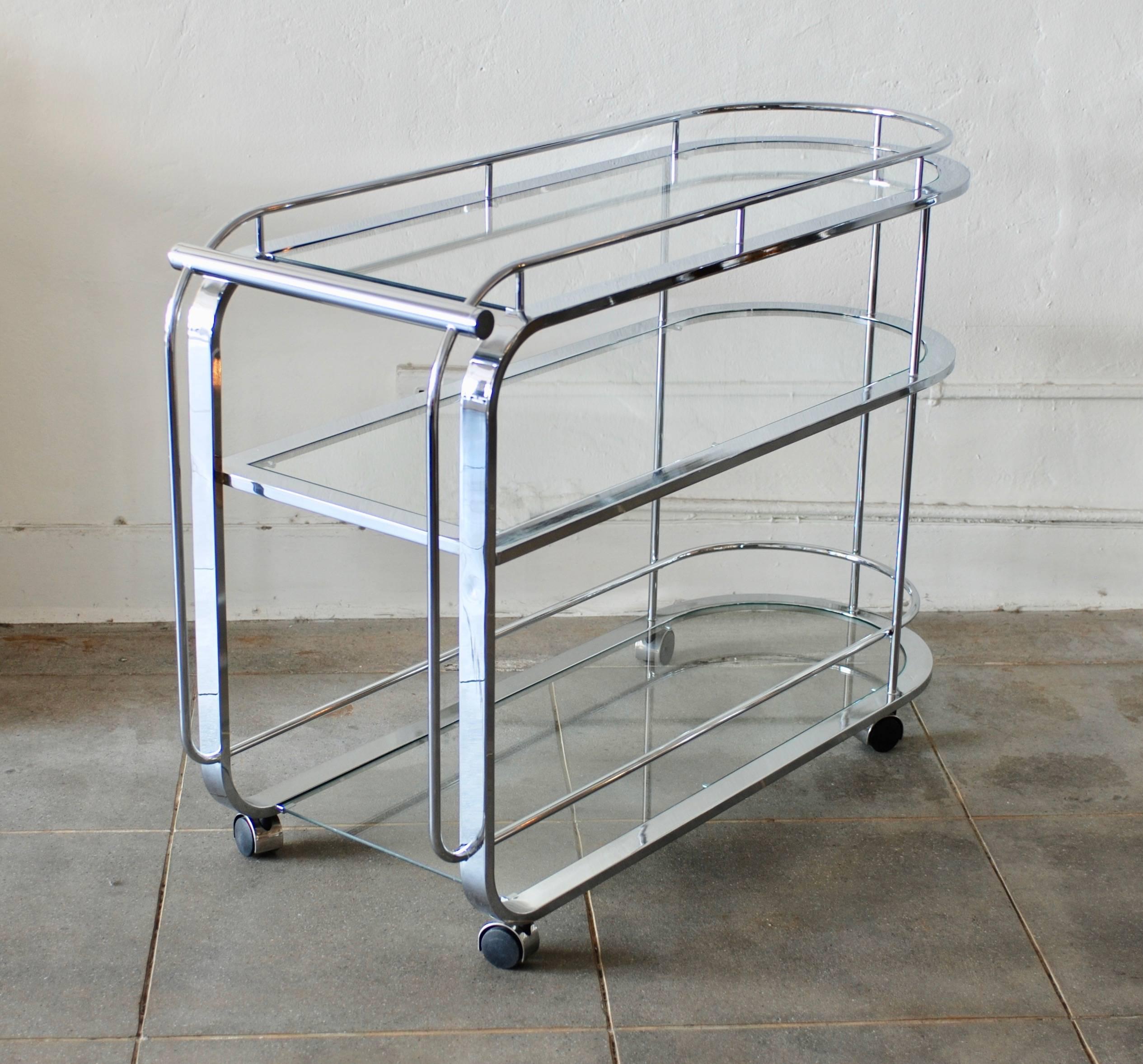 American Curved Moderne Style Three-Tiered Chrome Bar Cart or Tea Trolley