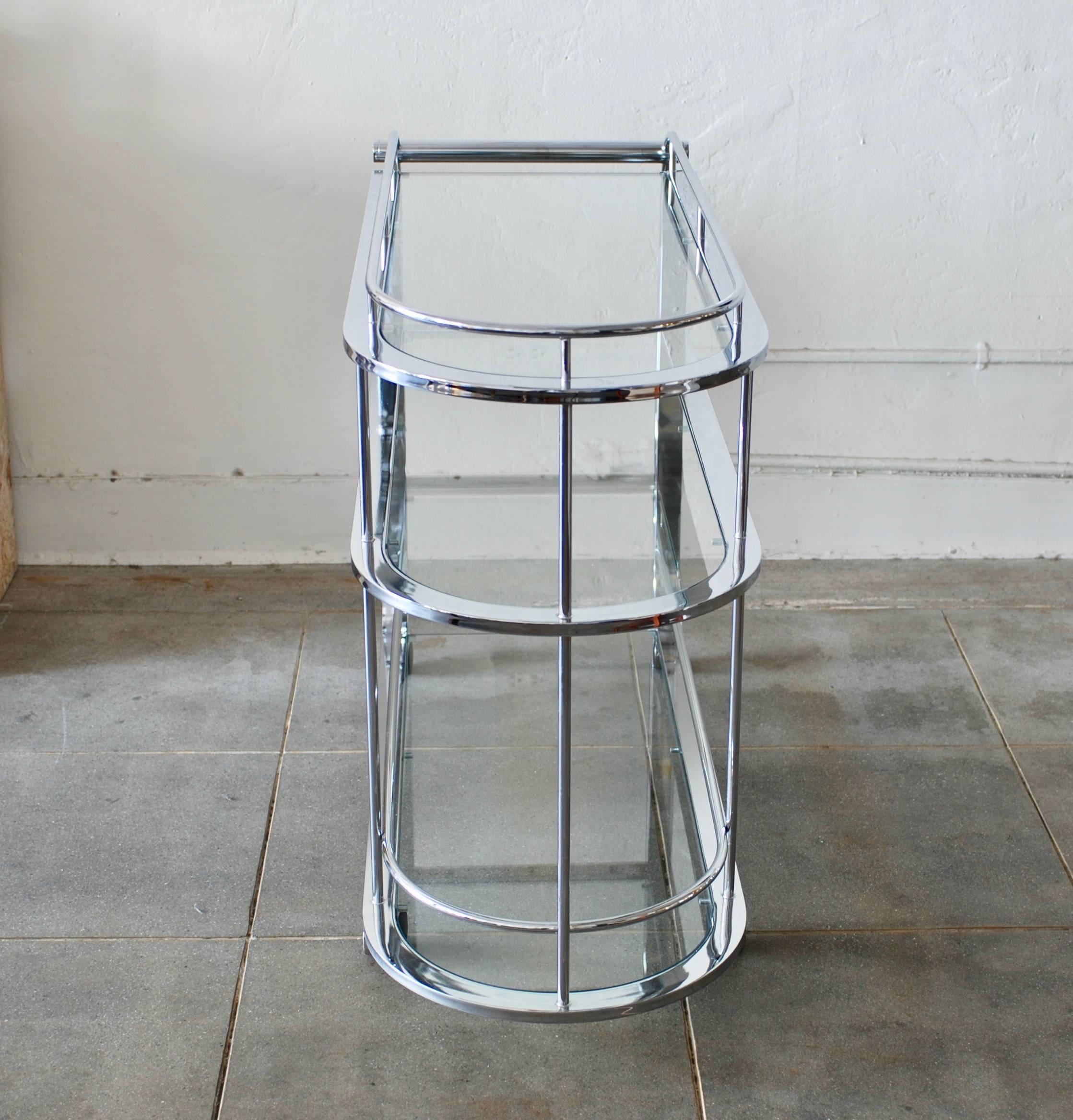 Curved Moderne Style Three-Tiered Chrome Bar Cart or Tea Trolley In Good Condition In Palm Springs, CA