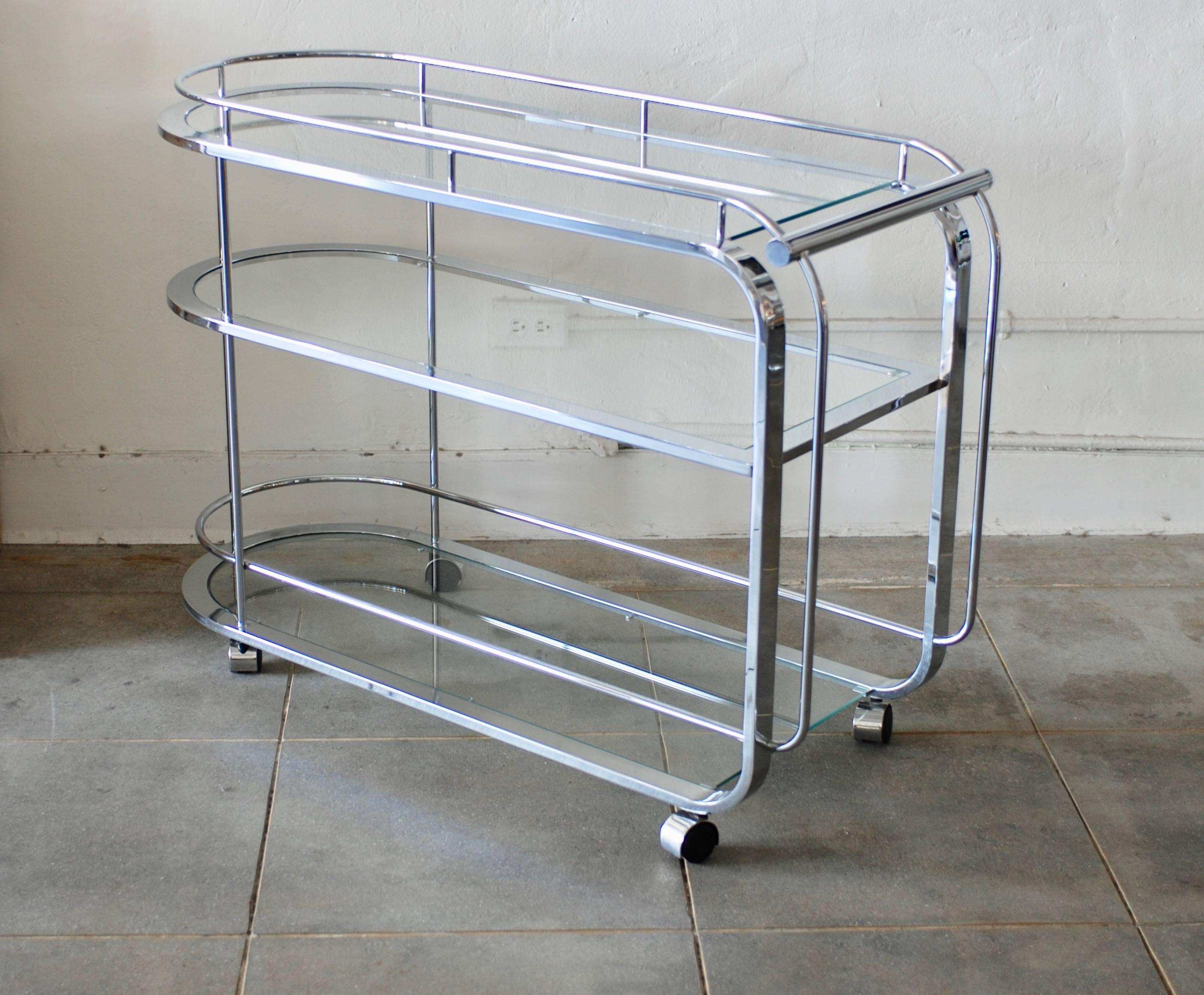 Curved Moderne Style Three-Tiered Chrome Bar Cart or Tea Trolley 1