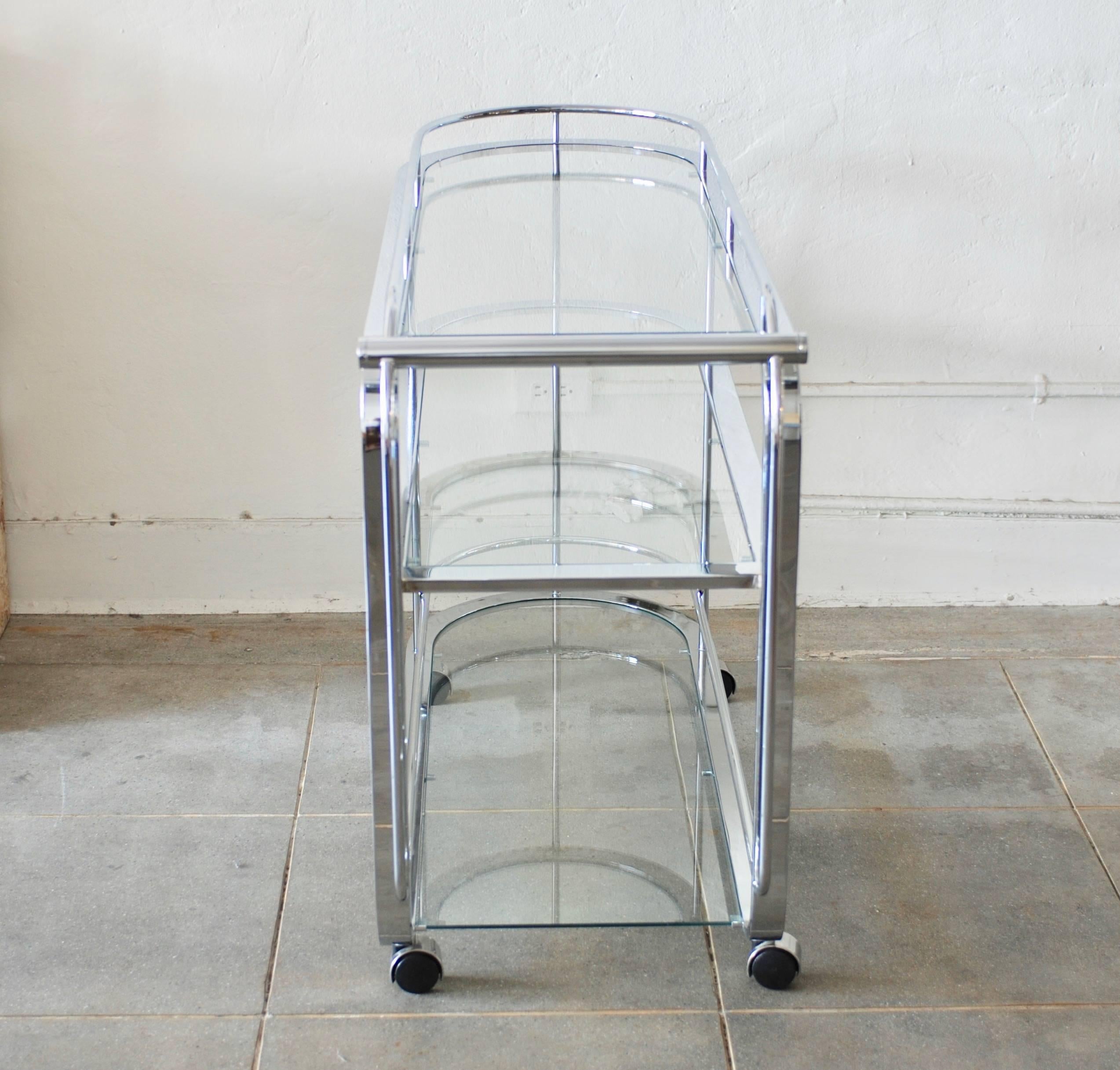 Curved Moderne Style Three-Tiered Chrome Bar Cart or Tea Trolley 2
