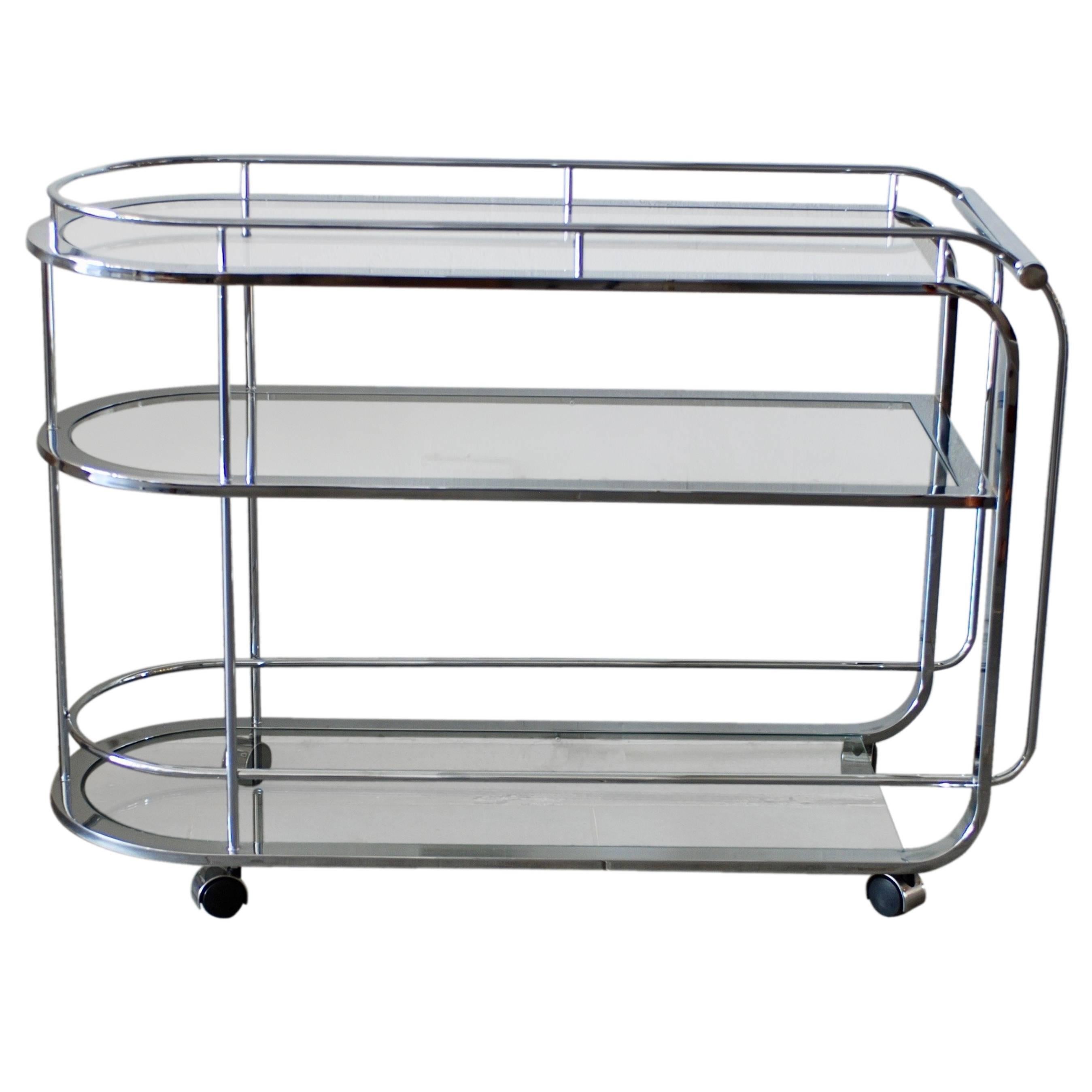 Curved Moderne Style Three-Tiered Chrome Bar Cart or Tea Trolley