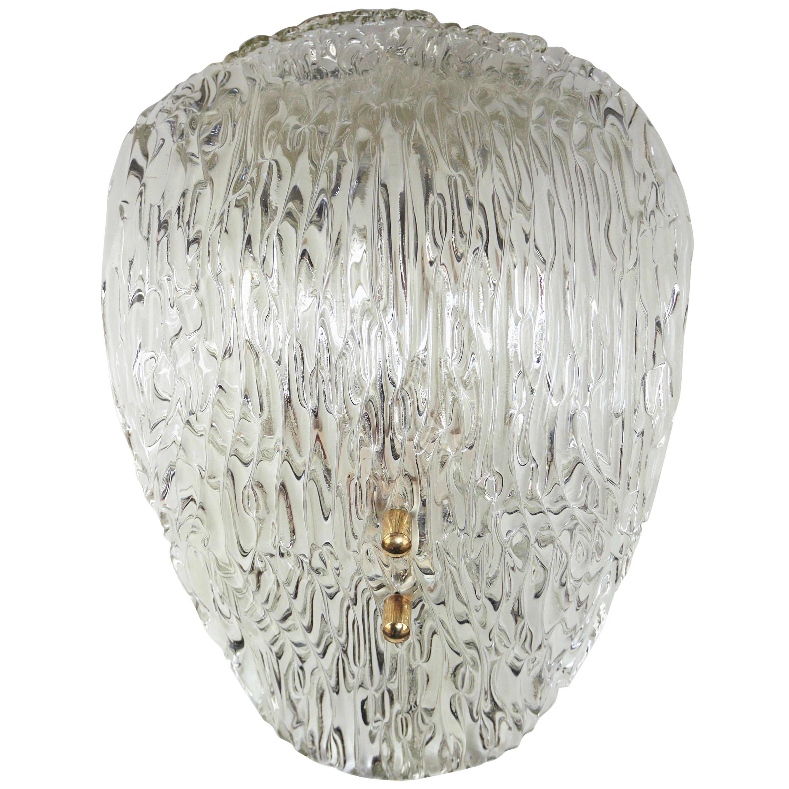 Curved 1950s Murano Clear Ice Textured Glass Wall Sconce by J.T. Kalmar